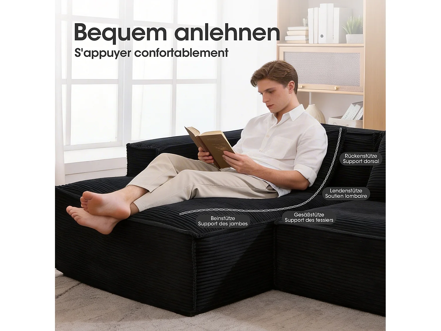 Canapé d'angle modulable 233 cm velours côtelé – Livré compressé, couchage occasionnel – Idéal petit espace