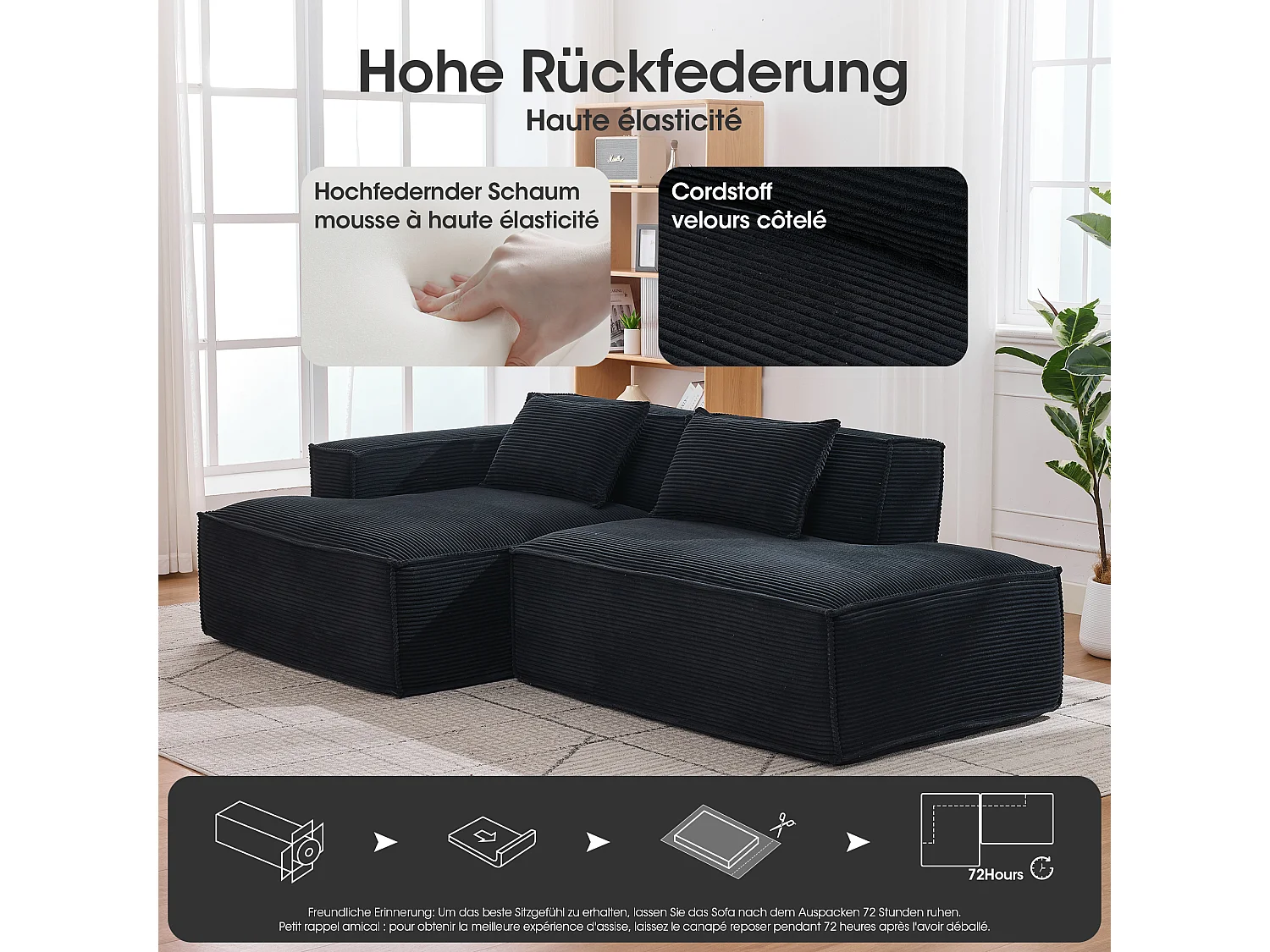 Canapé d'angle modulable 233 cm velours côtelé – Livré compressé, couchage occasionnel – Idéal petit espace