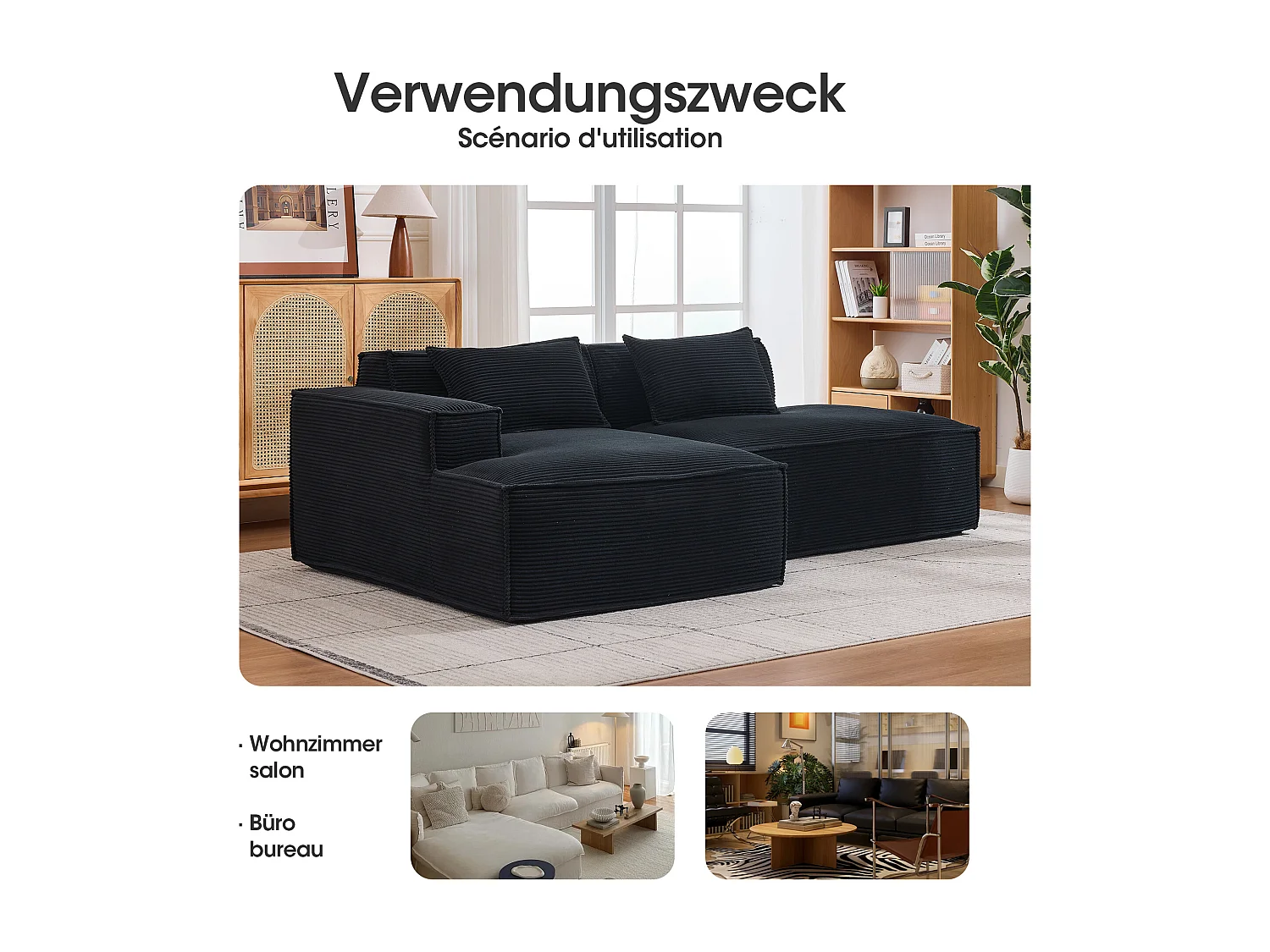 Canapé d'angle modulable 233 cm velours côtelé – Livré compressé, couchage occasionnel – Idéal petit espace