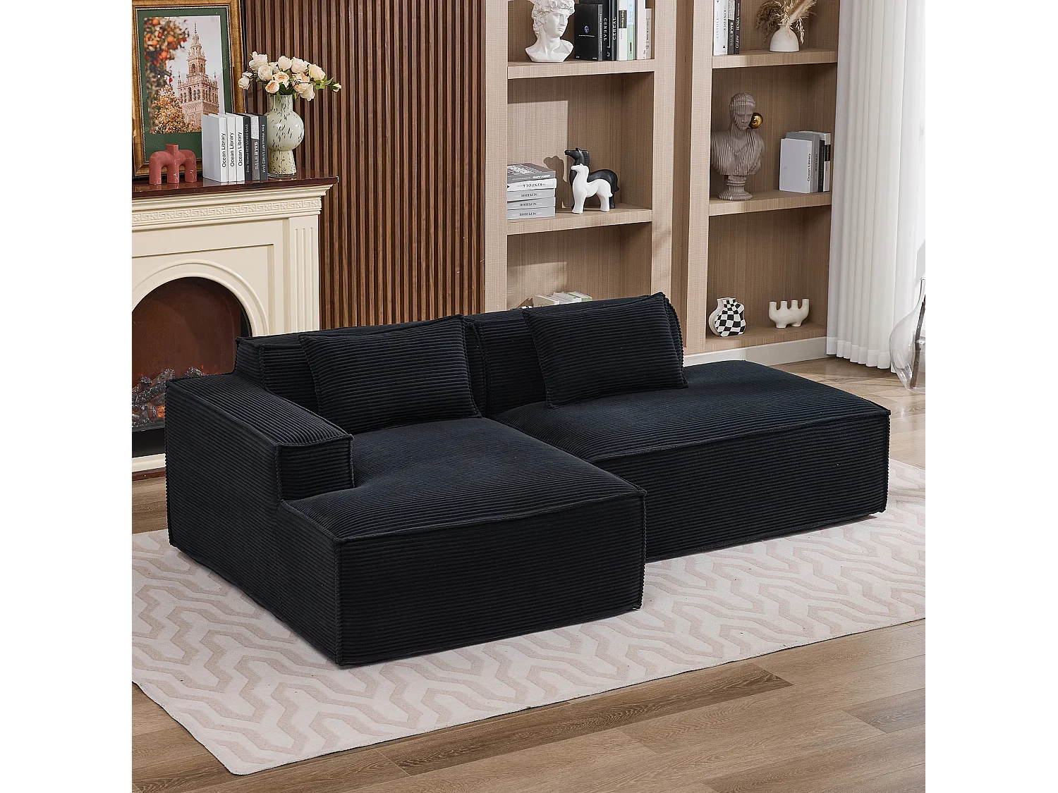 Canapé d'angle modulable 233 cm velours côtelé – Livré compressé, couchage occasionnel – Idéal petit espace
