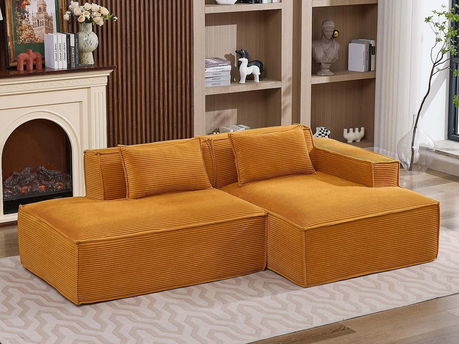 Canapé d'angle modulable 233 cm velours côtelé – Livré compressé, couchage occasionnel – Idéal petit espace