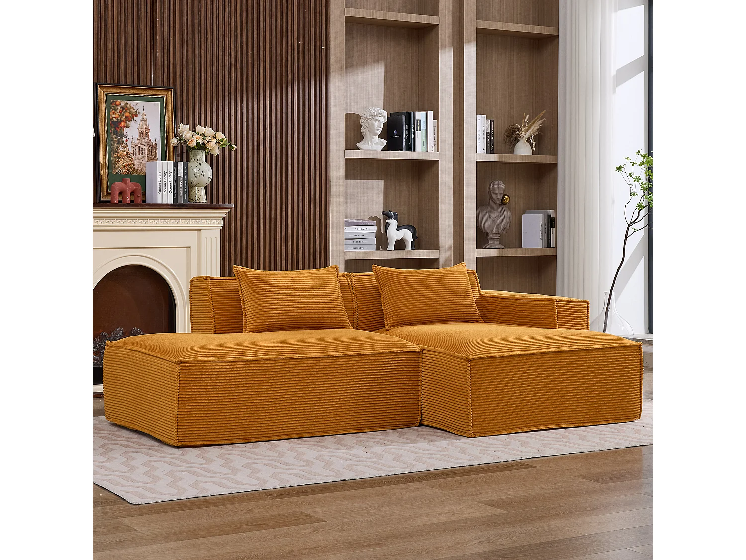 Canapé d'angle modulable 233 cm velours côtelé – Livré compressé, couchage occasionnel – Idéal petit espace
