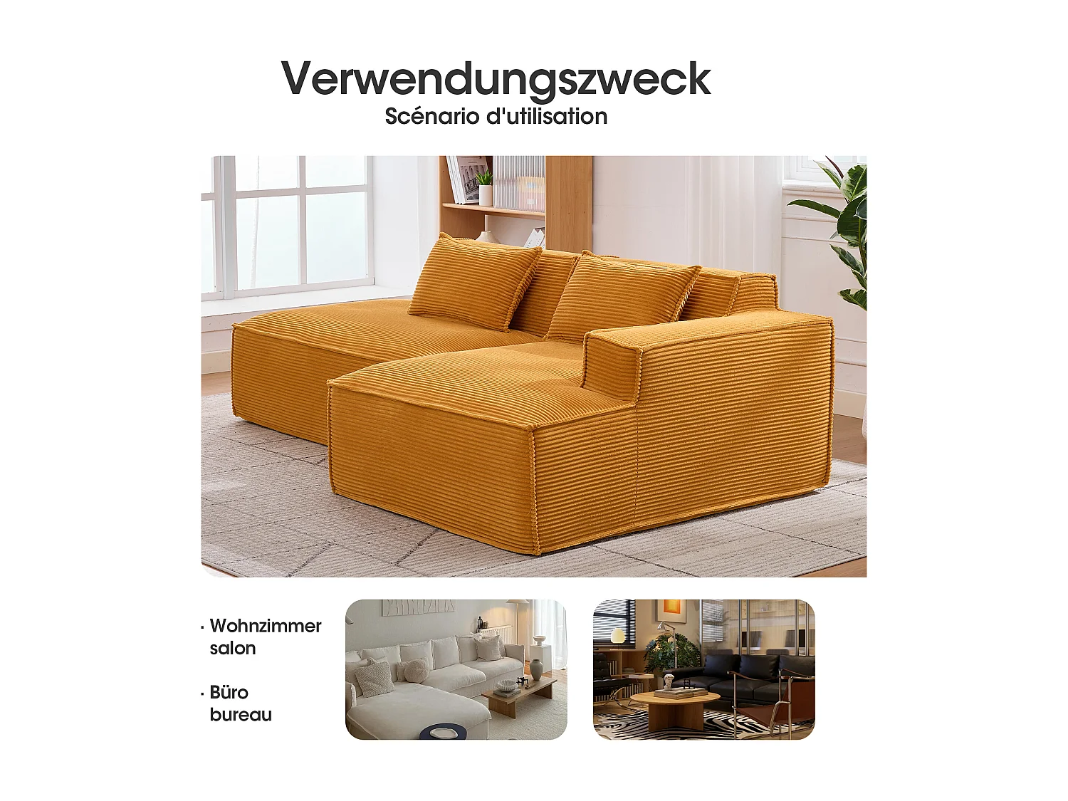 Canapé d'angle modulable 233 cm velours côtelé – Livré compressé, couchage occasionnel – Idéal petit espace
