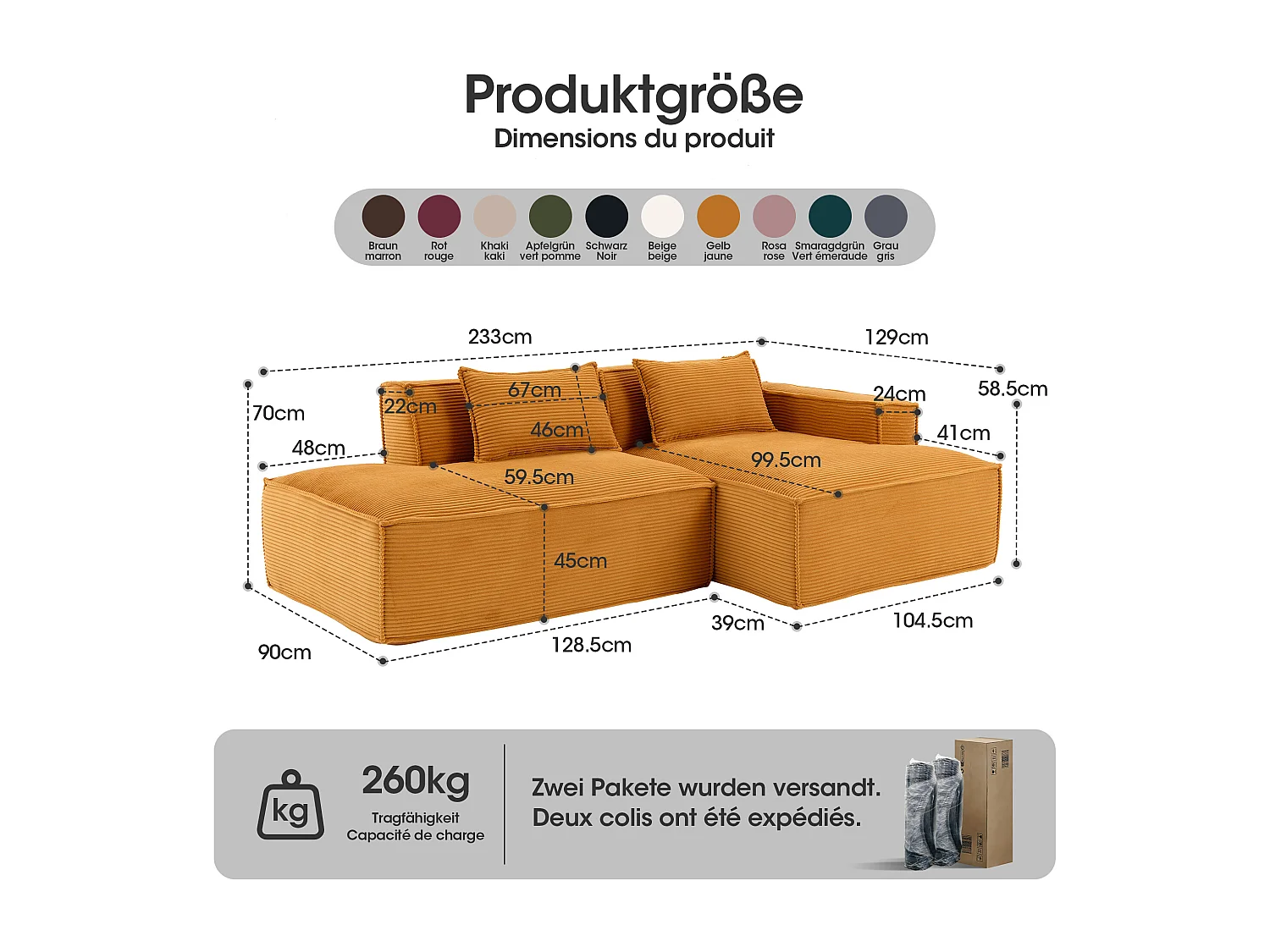 Canapé d'angle modulable 233 cm velours côtelé – Livré compressé, couchage occasionnel – Idéal petit espace