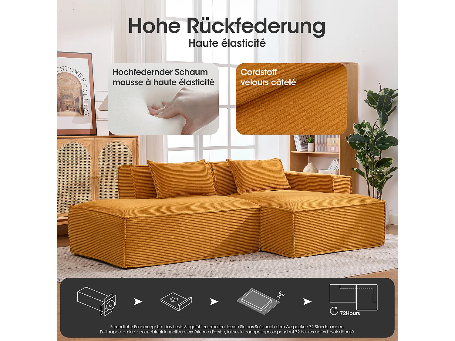 Canapé d'angle modulable 233 cm velours côtelé – Livré compressé, couchage occasionnel – Idéal petit espace