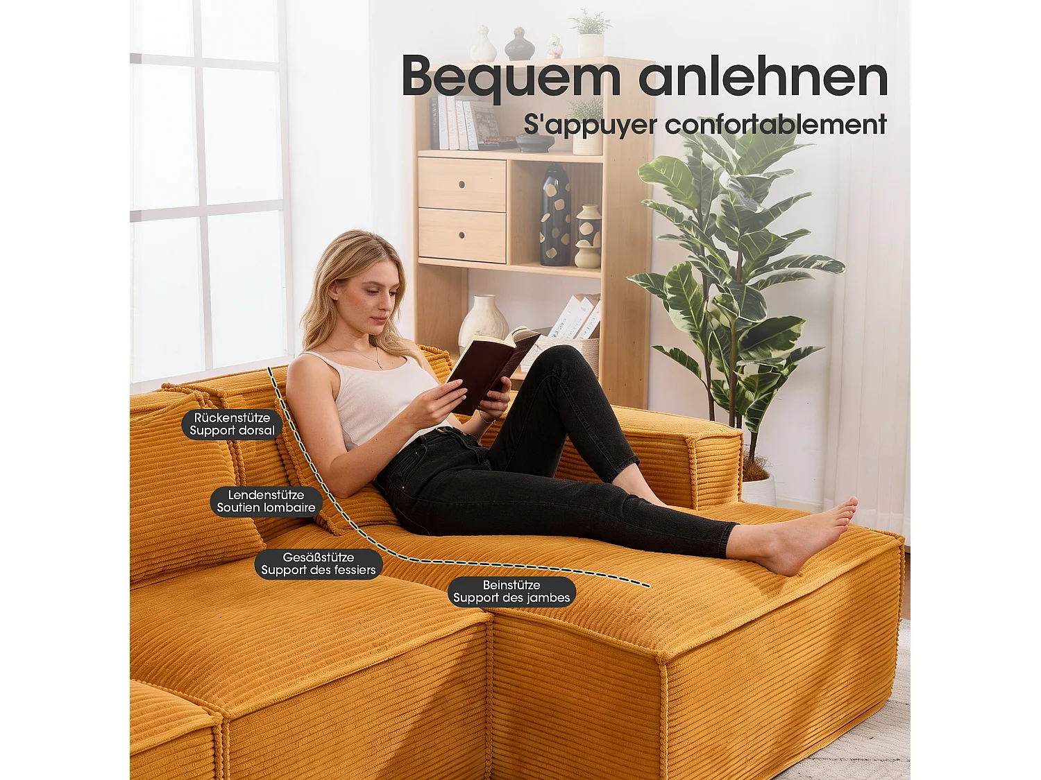 Canapé d'angle modulable 233 cm velours côtelé – Livré compressé, couchage occasionnel – Idéal petit espace