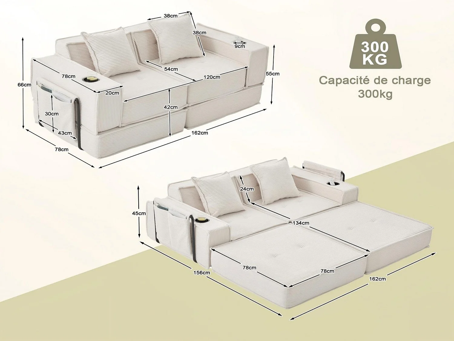 Canapé d'angle modulable 233 cm velours côtelé – Livré compressé, couchage occasionnel – Idéal petit espace