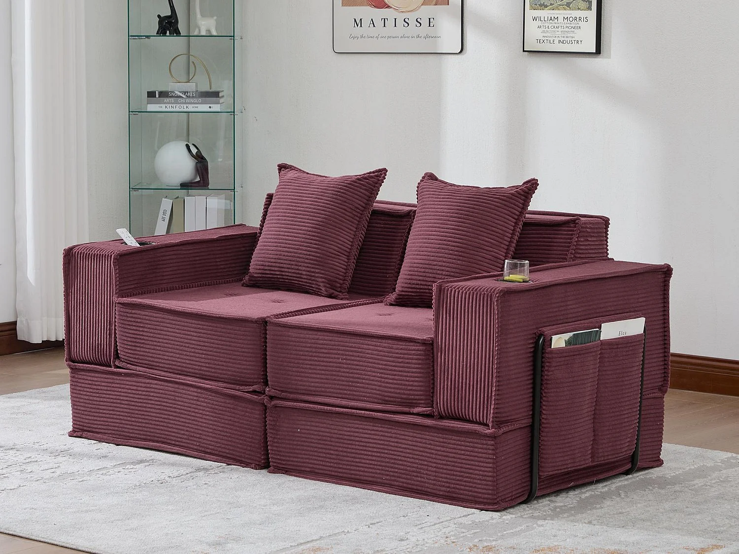 Canapé modulable 2 places convertible lit, mousse haute densité ergonomique, porte-gobelets, rangements, salon chambre bureau