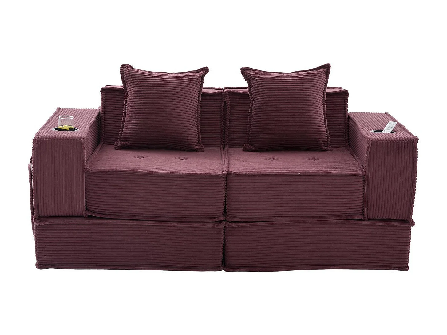 Canapé modulable 2 places convertible lit, mousse haute densité ergonomique, porte-gobelets, rangements, salon chambre bureau