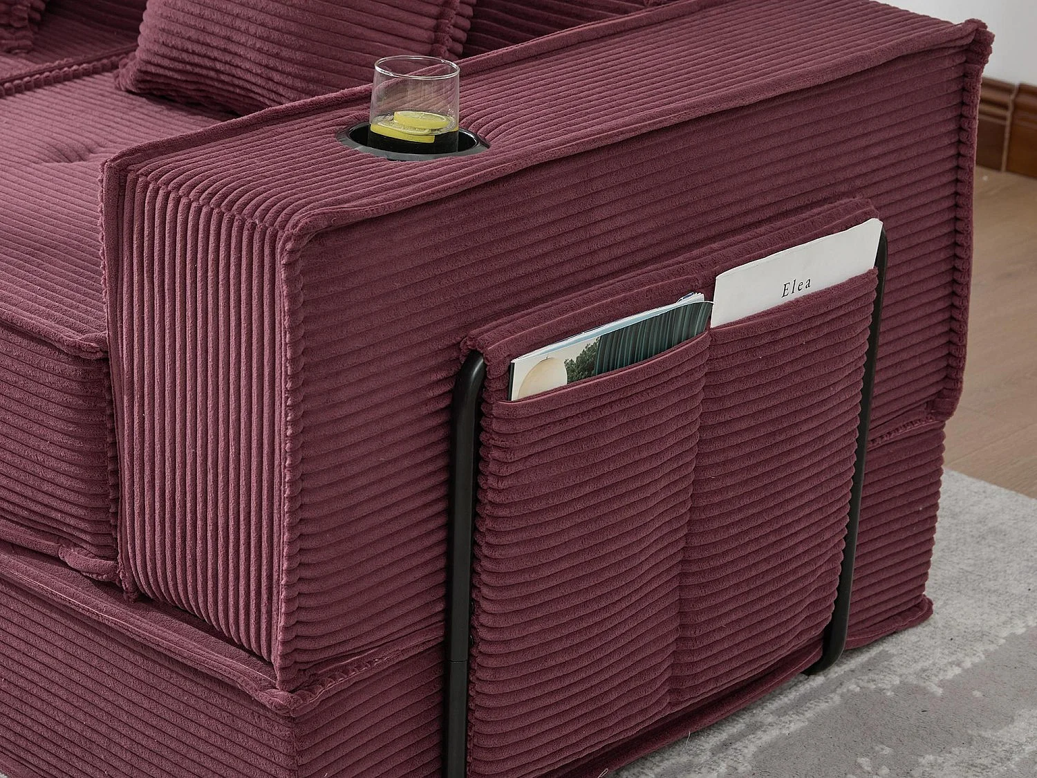 Canapé modulable 2 places convertible lit, mousse haute densité ergonomique, porte-gobelets, rangements, salon chambre bureau