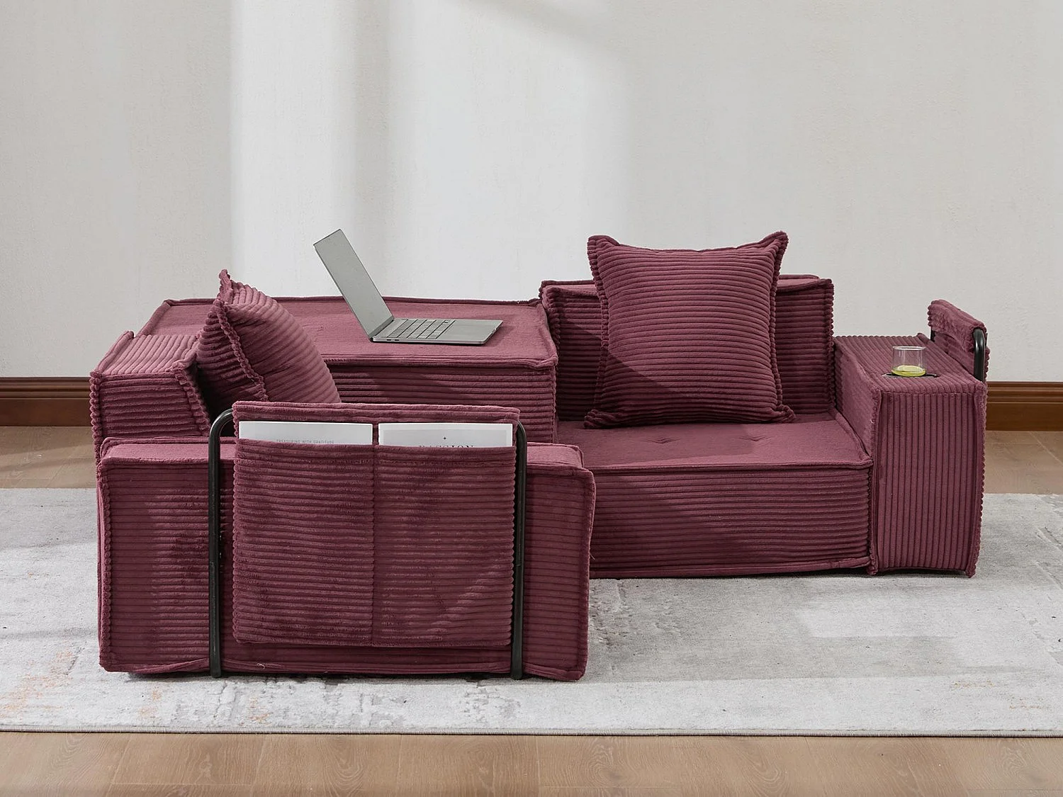 Canapé modulable 2 places convertible lit, mousse haute densité ergonomique, porte-gobelets, rangements, salon chambre bureau