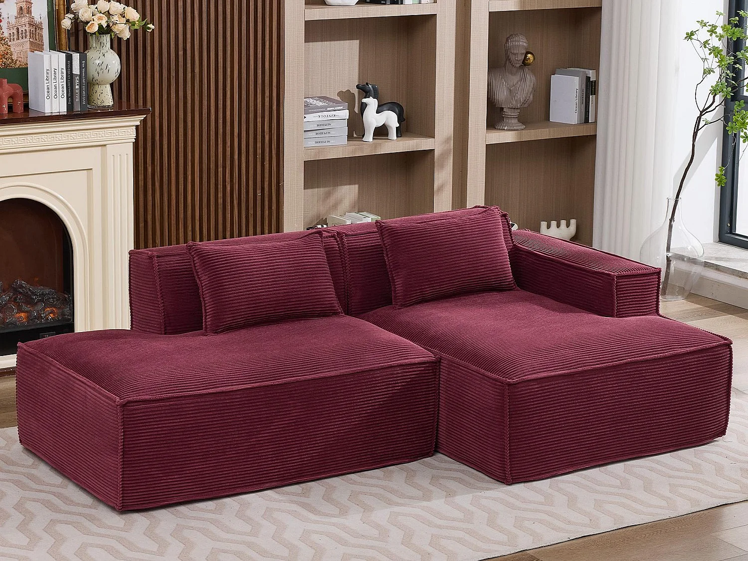 Canapé d'angle modulable 233 cm velours côtelé – Livré compressé, couchage occasionnel – Idéal petit espace