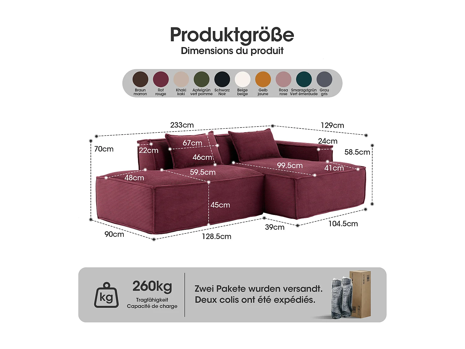 Canapé d'angle modulable 233 cm velours côtelé – Livré compressé, couchage occasionnel – Idéal petit espace