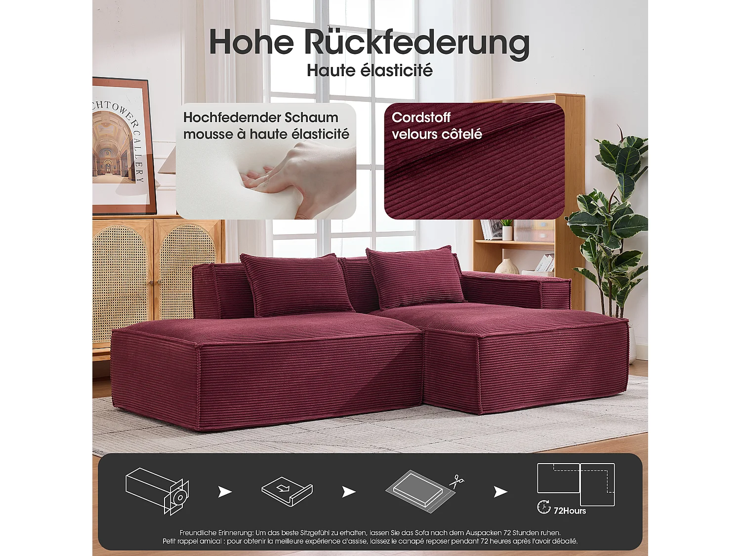 Canapé d'angle modulable 233 cm velours côtelé – Livré compressé, couchage occasionnel – Idéal petit espace