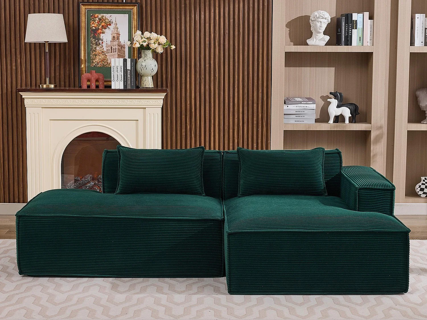 Canapé d'angle modulable 233 cm velours côtelé – Livré compressé, couchage occasionnel – Idéal petit espace