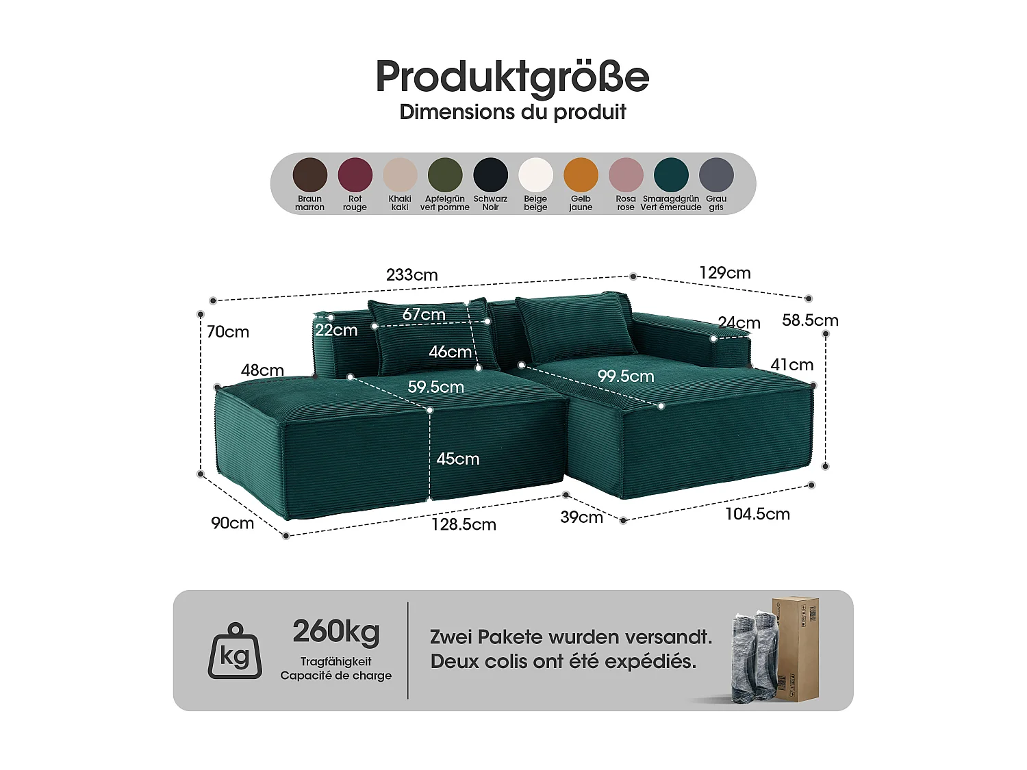 Canapé d'angle modulable 233 cm velours côtelé – Livré compressé, couchage occasionnel – Idéal petit espace