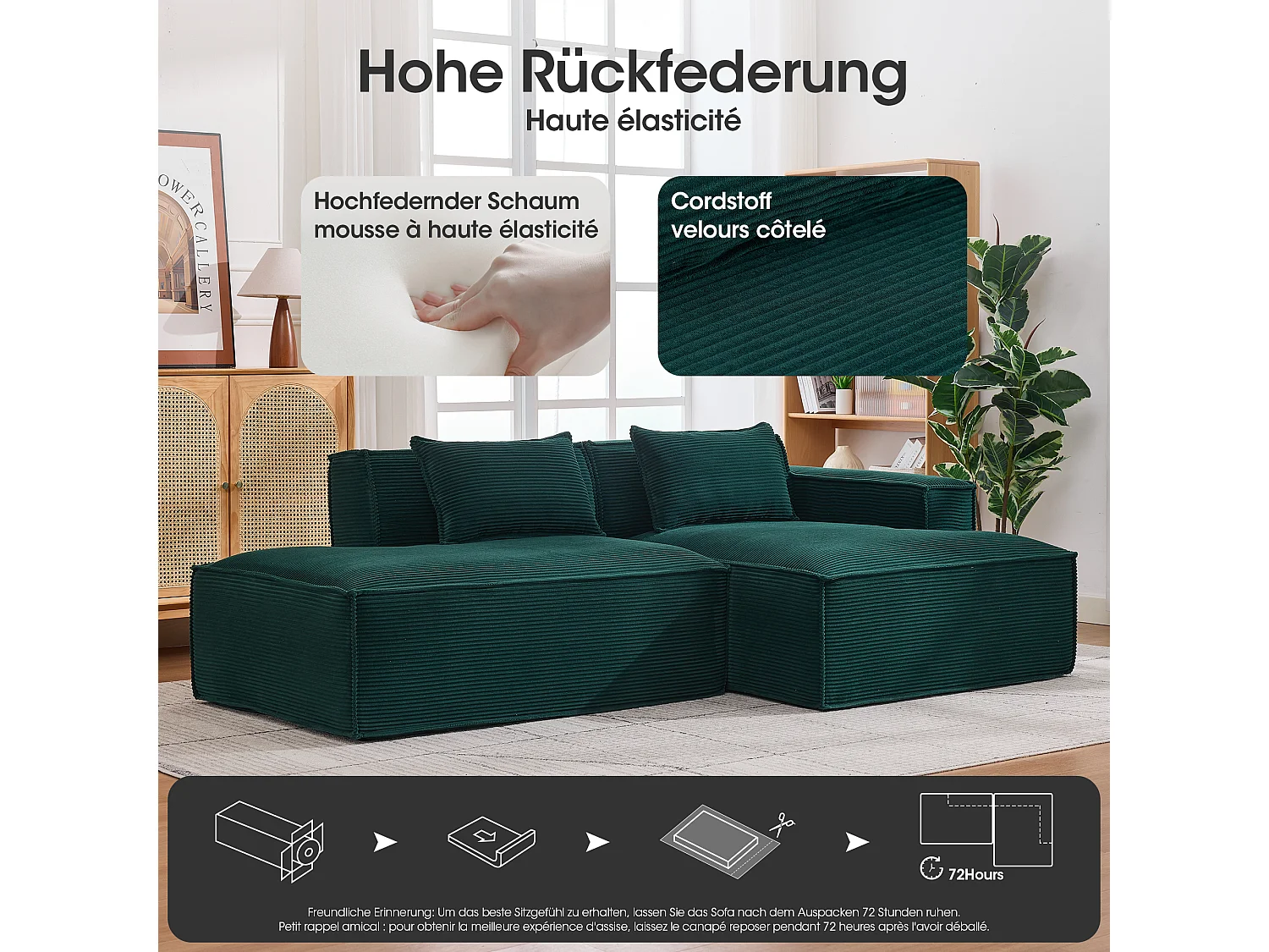 Canapé d'angle modulable 233 cm velours côtelé – Livré compressé, couchage occasionnel – Idéal petit espace