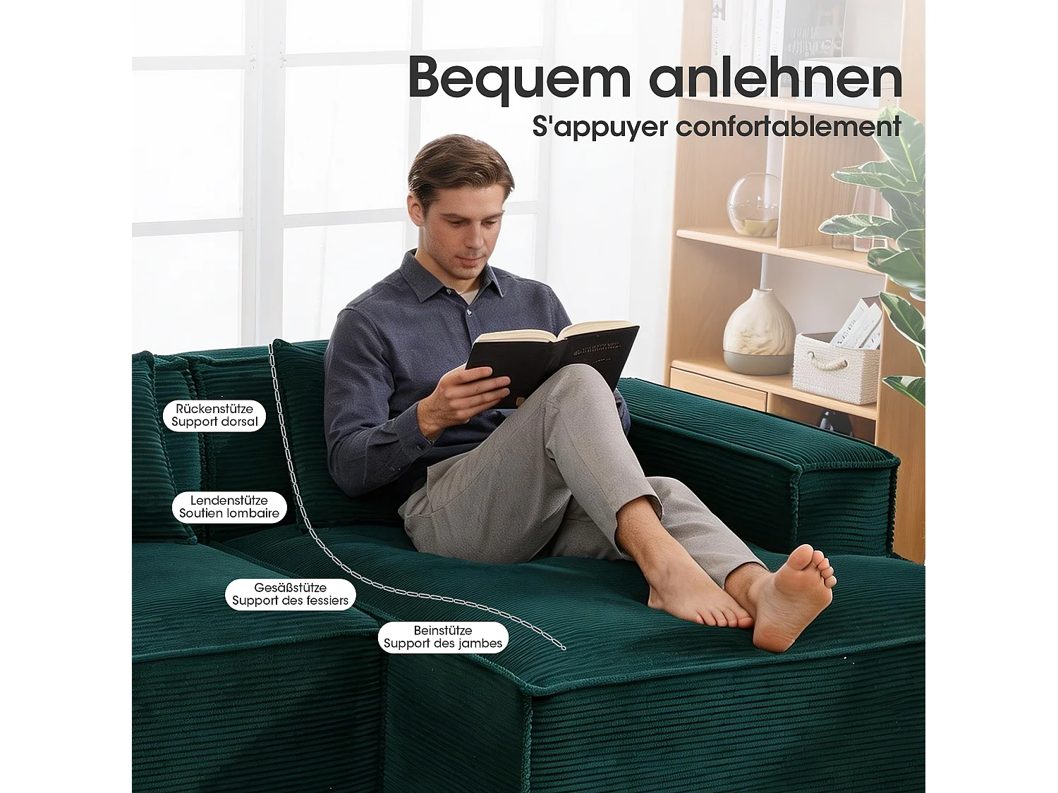 Canapé d'angle modulable 233 cm velours côtelé – Livré compressé, couchage occasionnel – Idéal petit espace