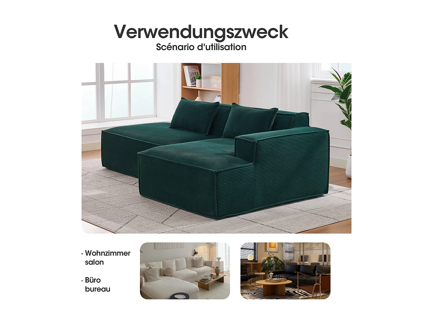 Canapé d'angle modulable 233 cm velours côtelé – Livré compressé, couchage occasionnel – Idéal petit espace