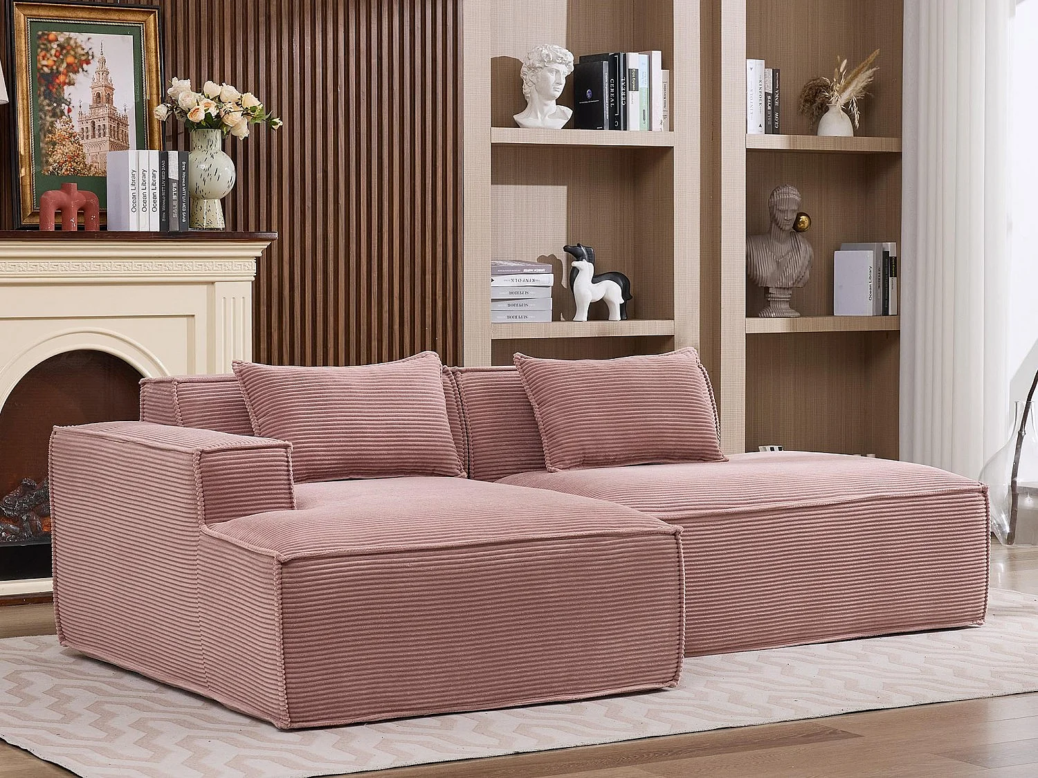 Canapé d'angle modulable 233 cm velours côtelé – Livré compressé, couchage occasionnel – Idéal petit espace