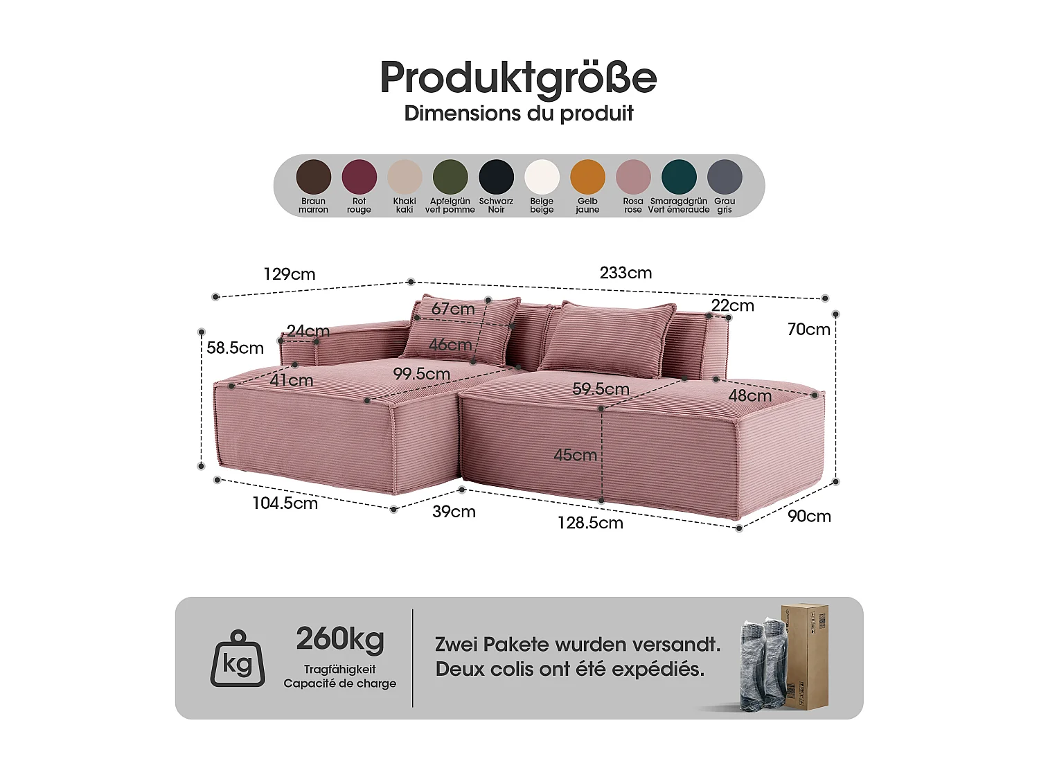 Canapé d'angle modulable 233 cm velours côtelé – Livré compressé, couchage occasionnel – Idéal petit espace