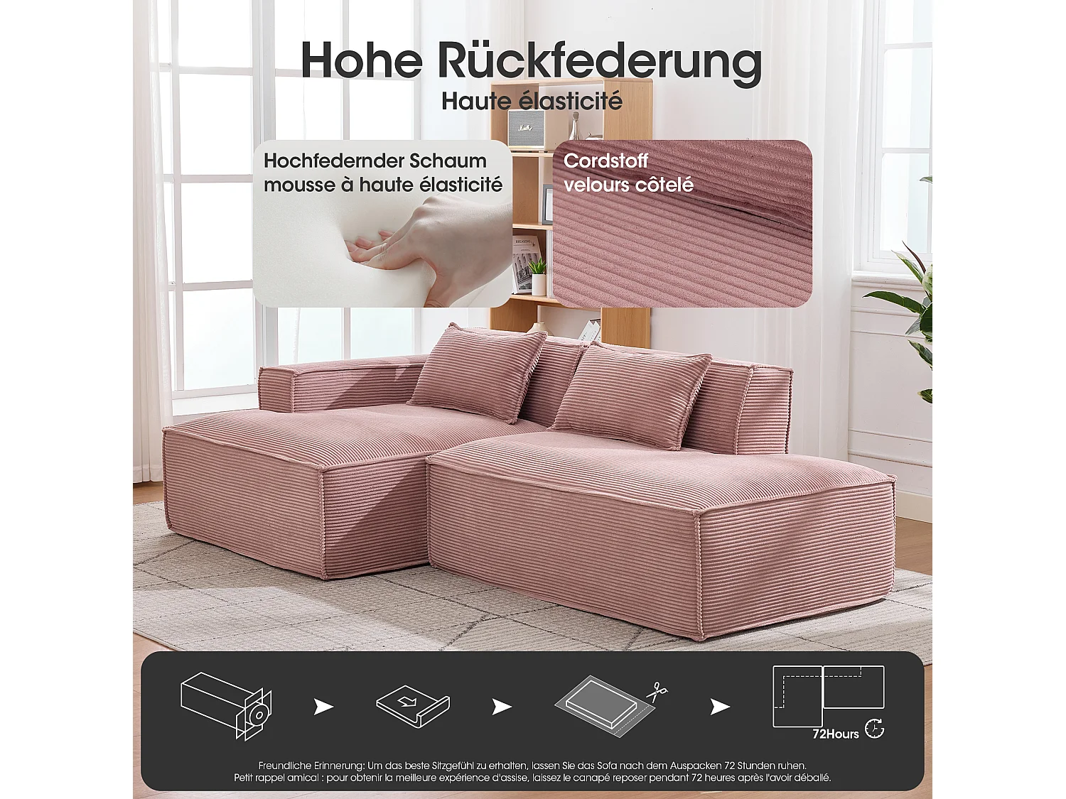 Canapé d'angle modulable 233 cm velours côtelé – Livré compressé, couchage occasionnel – Idéal petit espace