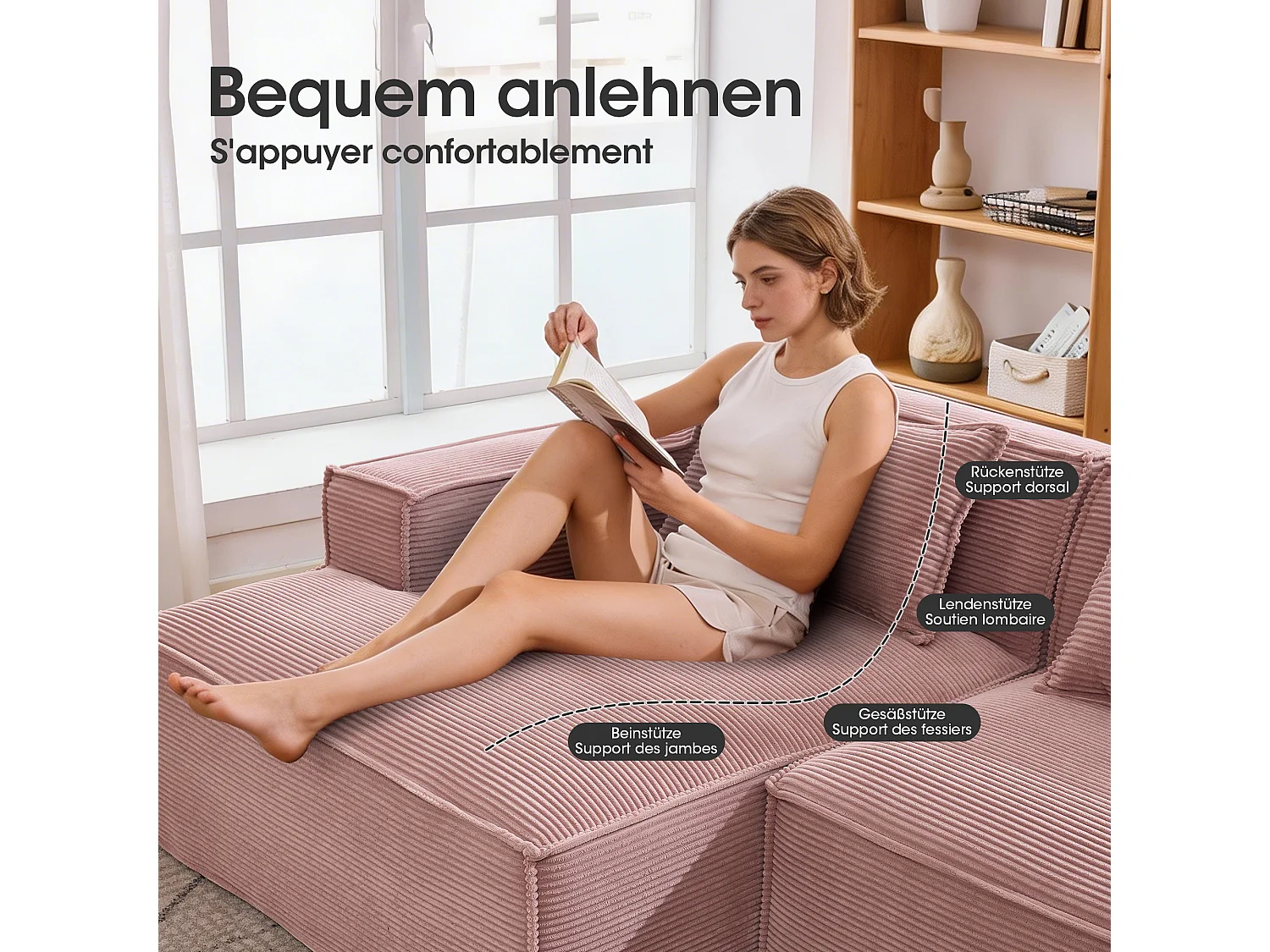 Canapé d'angle modulable 233 cm velours côtelé – Livré compressé, couchage occasionnel – Idéal petit espace