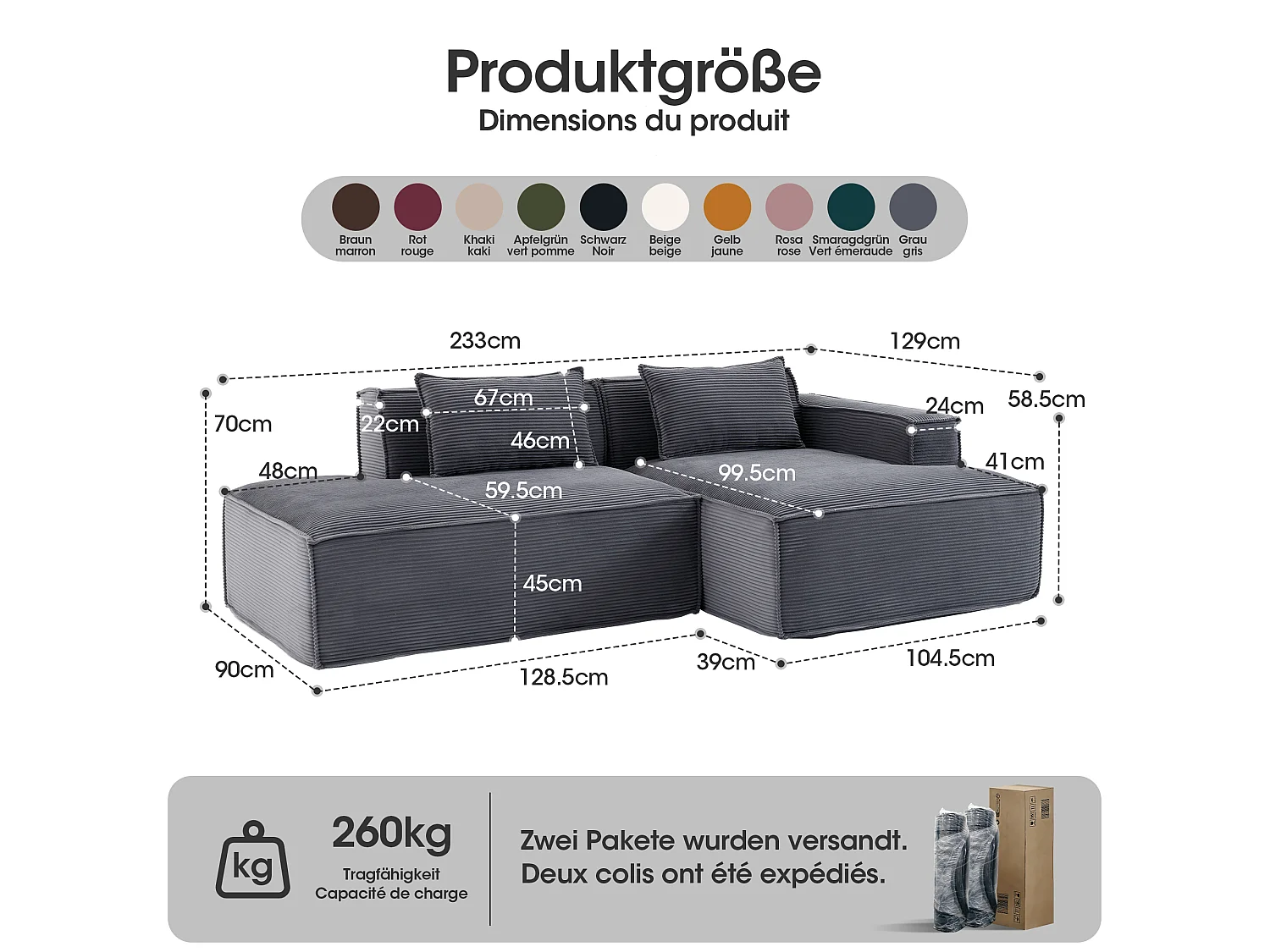 Canapé d'angle modulable 233 cm velours côtelé – Livré compressé, couchage occasionnel – Idéal petit espace