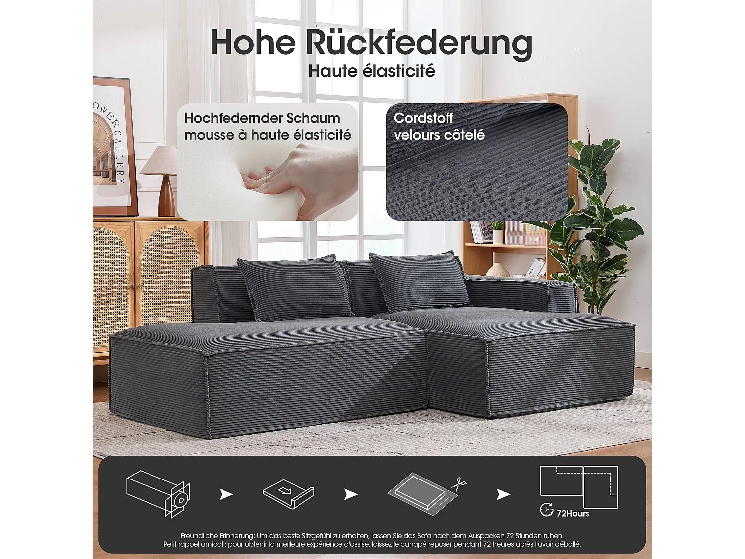 Canapé d'angle modulable 233 cm velours côtelé – Livré compressé, couchage occasionnel – Idéal petit espace