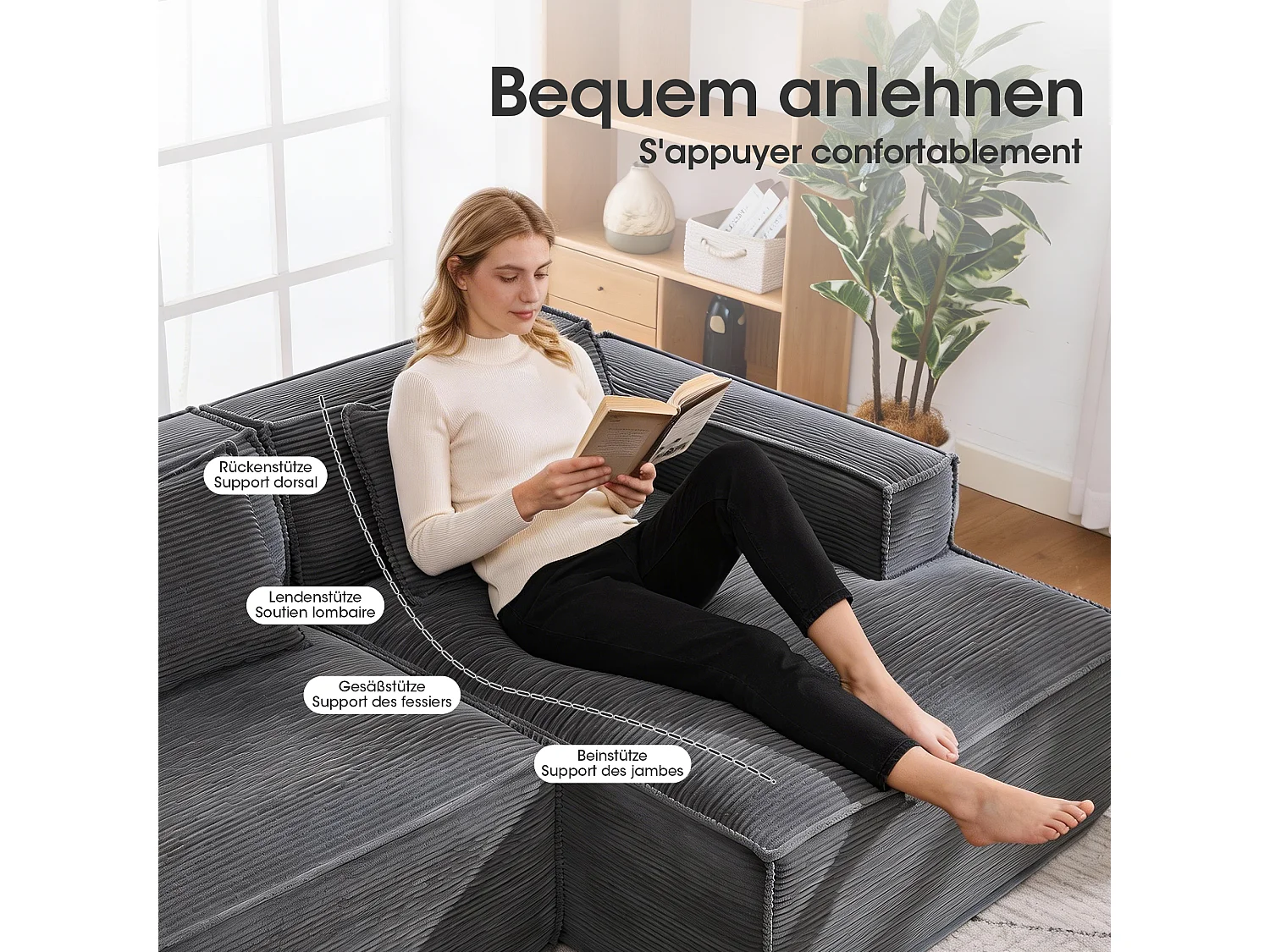 Canapé d'angle modulable 233 cm velours côtelé – Livré compressé, couchage occasionnel – Idéal petit espace