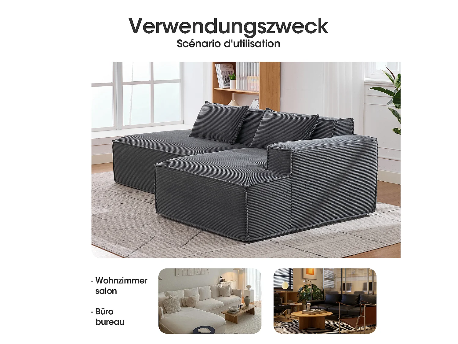 Canapé d'angle modulable 233 cm velours côtelé – Livré compressé, couchage occasionnel – Idéal petit espace