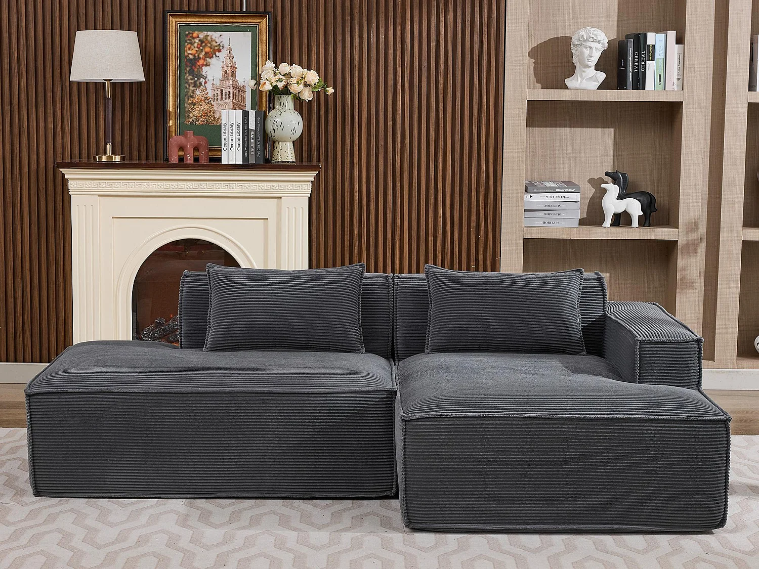 Canapé d'angle modulable 233 cm velours côtelé – Livré compressé, couchage occasionnel – Idéal petit espace