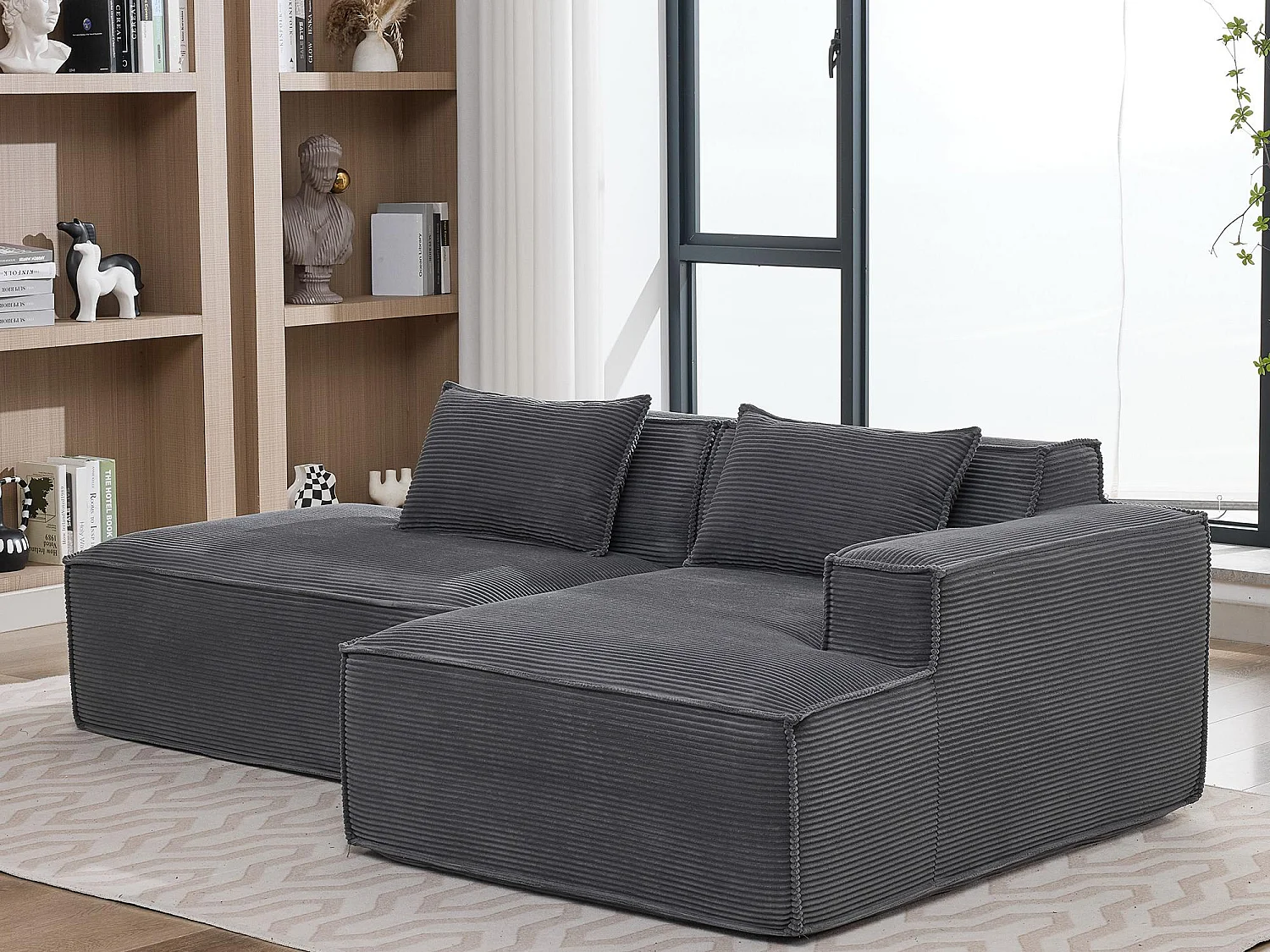 Canapé d'angle modulable 233 cm velours côtelé – Livré compressé, couchage occasionnel – Idéal petit espace