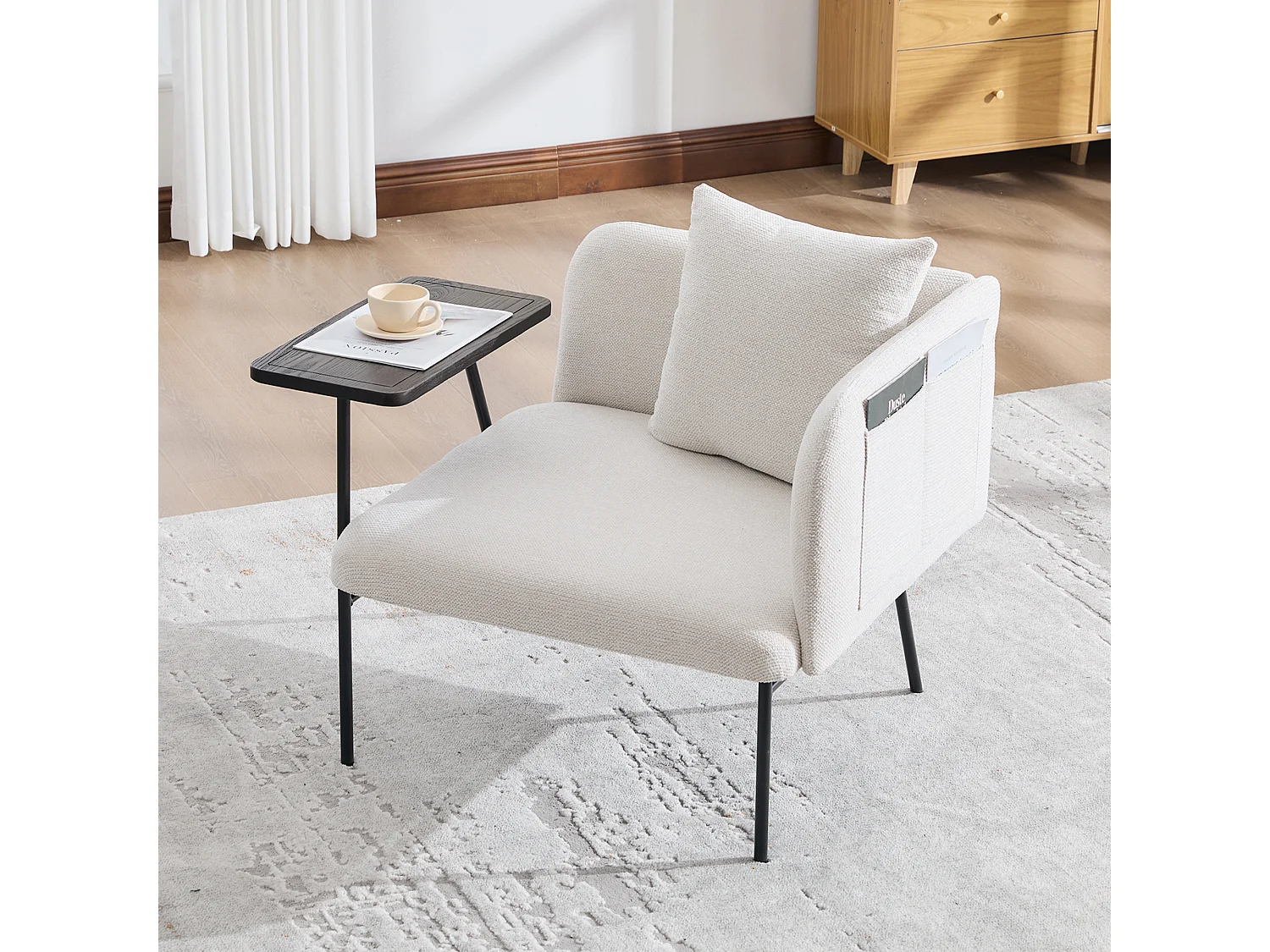 Fauteuil relax 2en1 bureau & détente – table incluse, rangements, tissu Chenille respirant – Beige