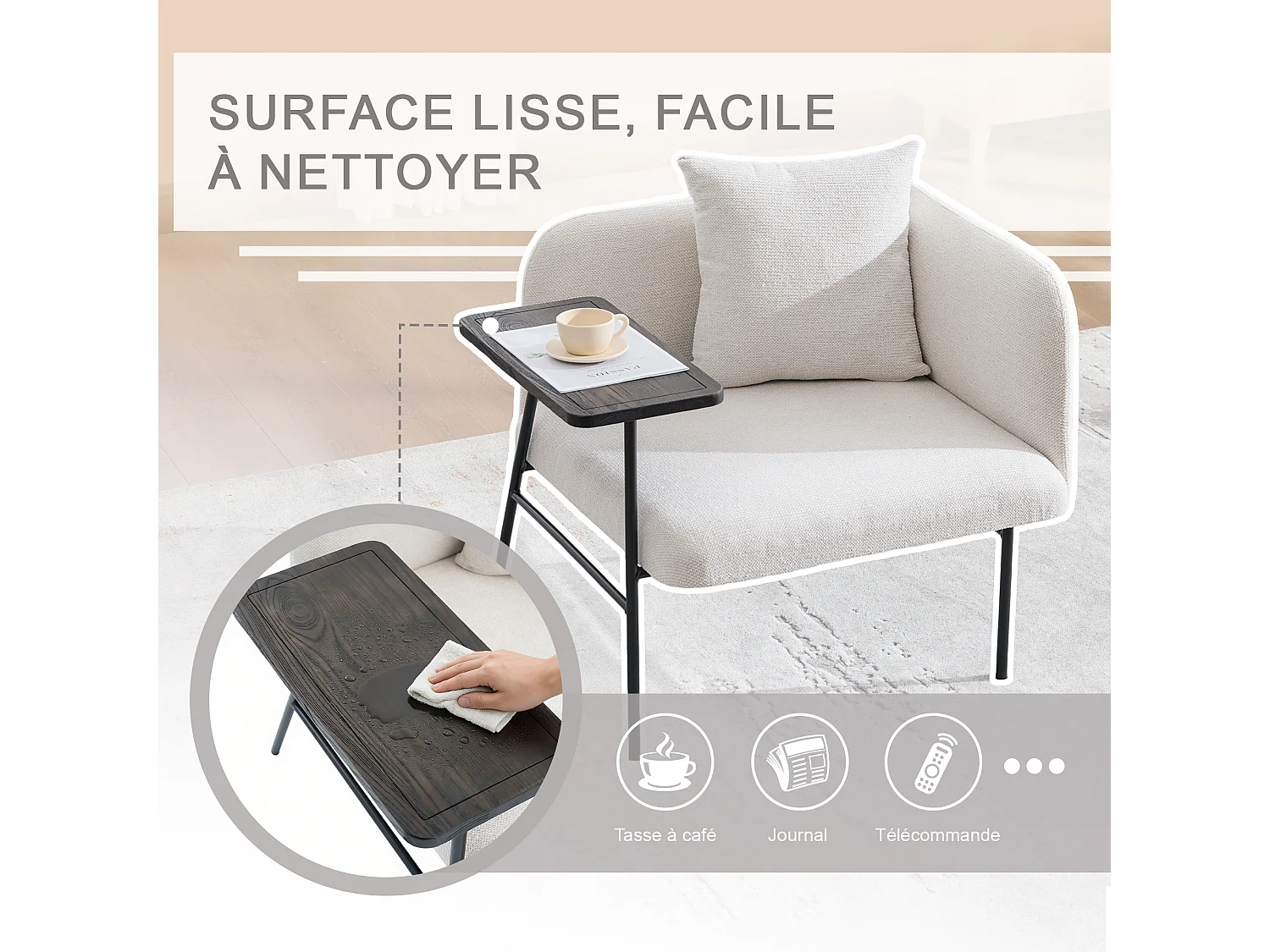 Fauteuil relax 2en1 bureau & détente – table incluse, rangements, tissu Chenille respirant – Beige