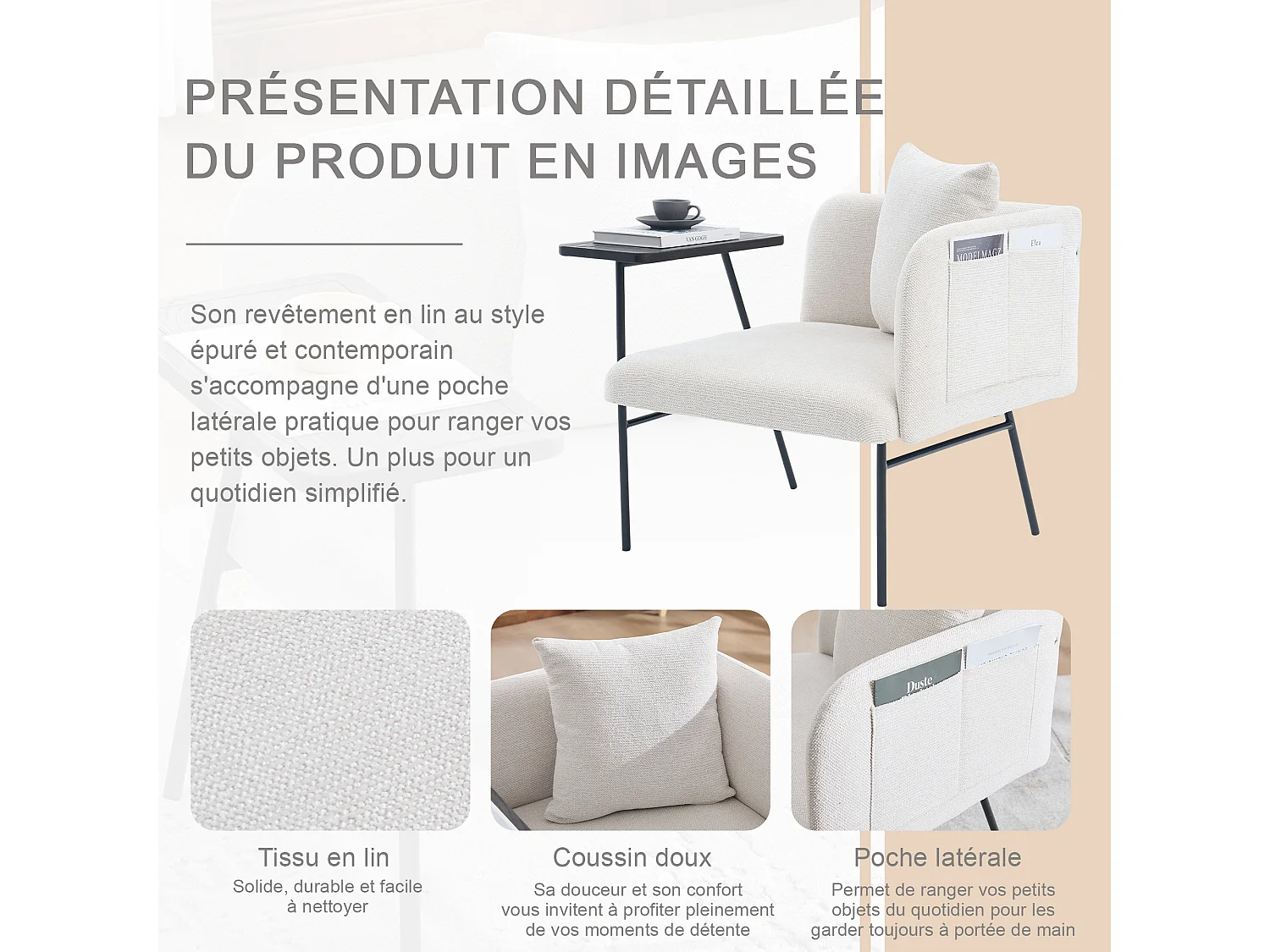 Fauteuil relax 2en1 bureau & détente – table incluse, rangements, tissu Chenille respirant – Beige