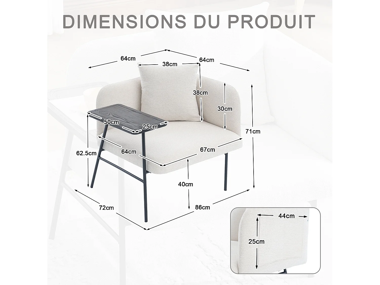 Fauteuil relax 2en1 bureau & détente – table incluse, rangements, tissu Chenille respirant – Beige