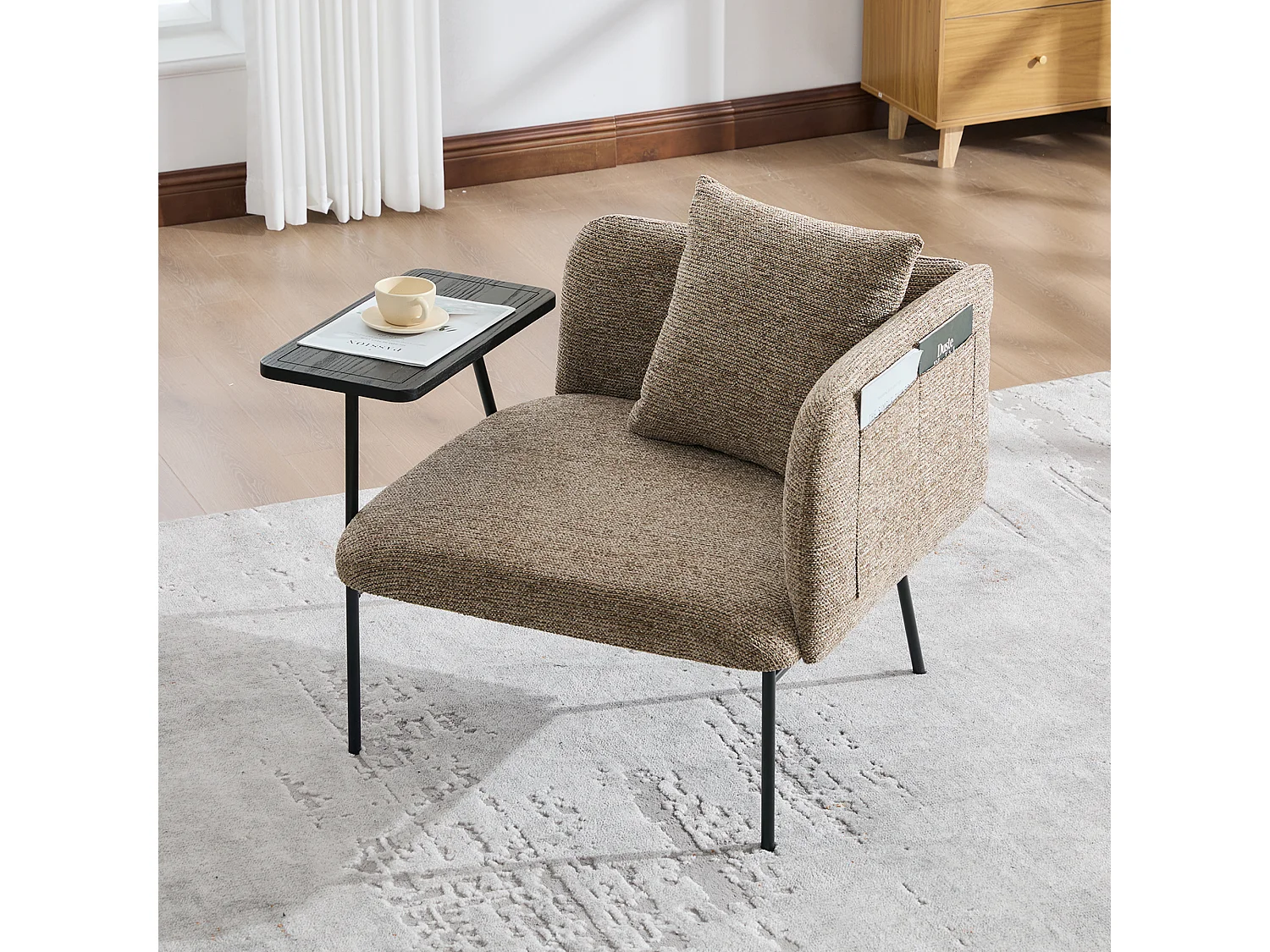 Fauteuil relax 2en1 bureau & détente – table incluse, rangements, tissu Chenille respirant – Kaki