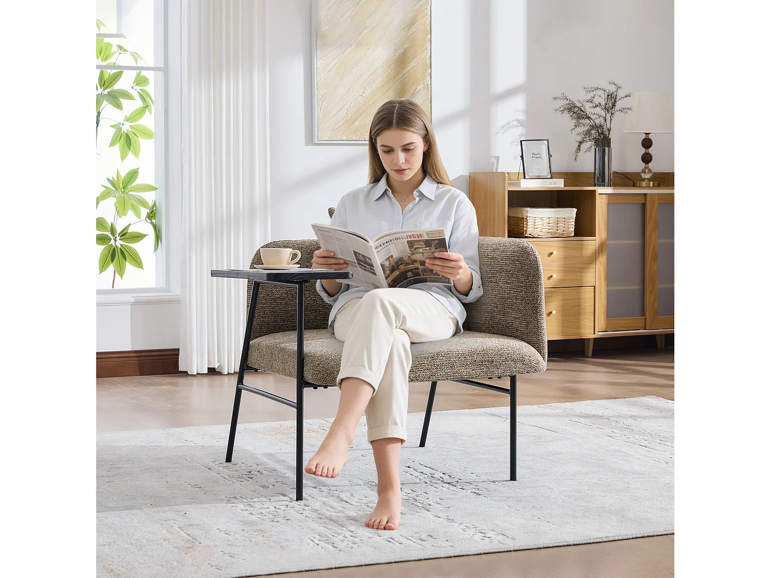 Fauteuil relax 2en1 bureau & détente – table incluse, rangements, tissu Chenille respirant – Kaki