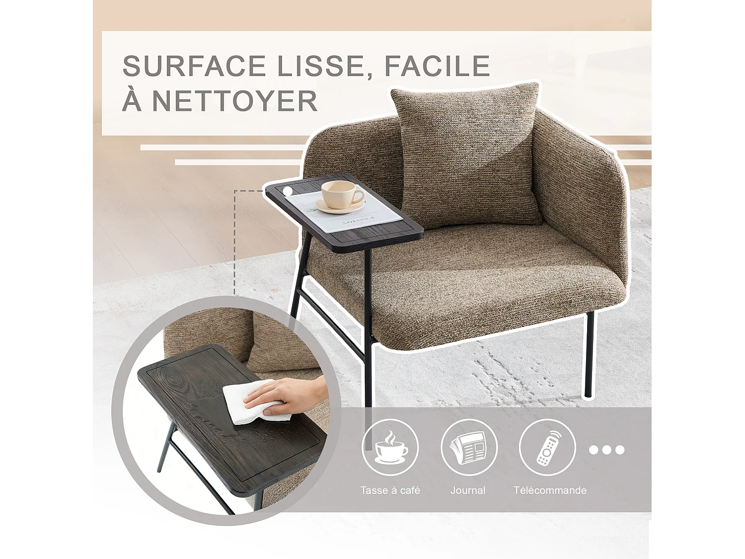 Fauteuil relax 2en1 bureau & détente – table incluse, rangements, tissu Chenille respirant – Kaki