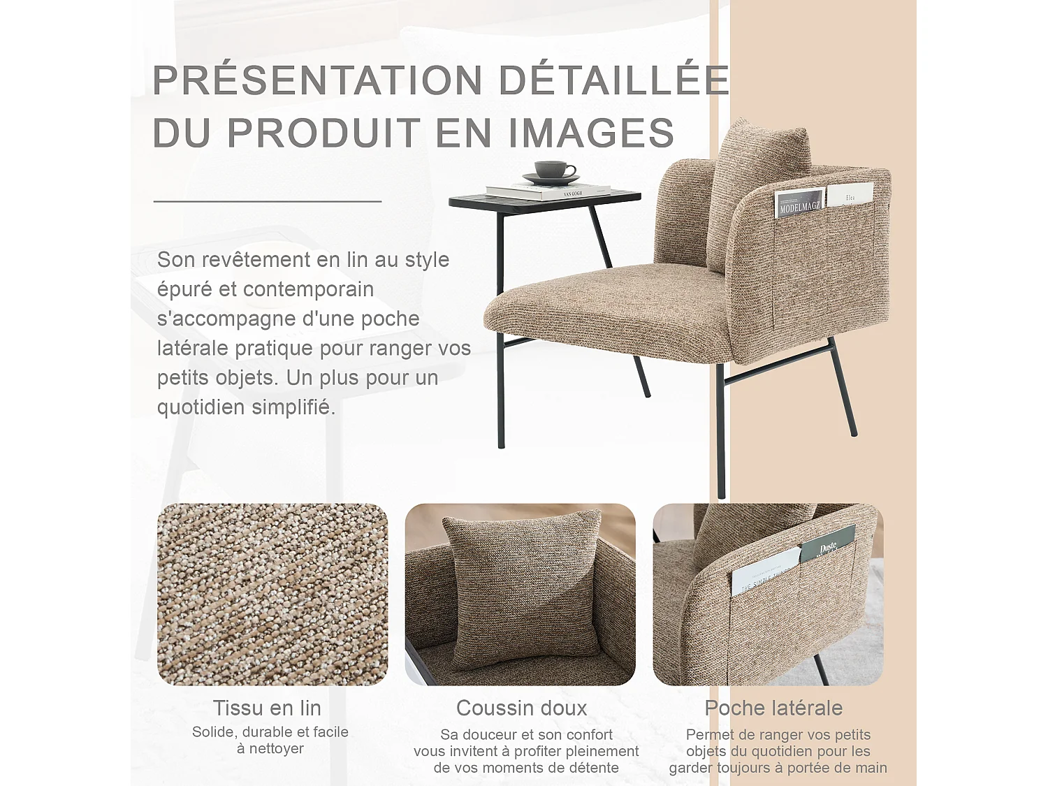 Fauteuil relax 2en1 bureau & détente – table incluse, rangements, tissu Chenille respirant – Kaki