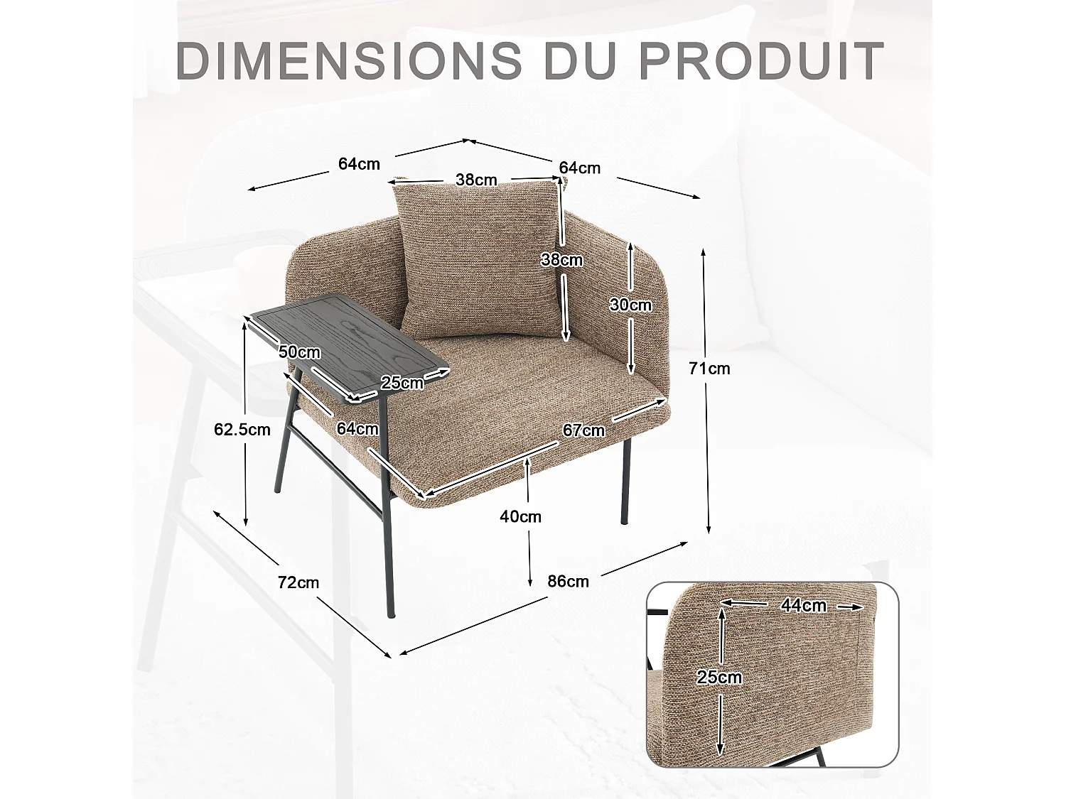 Fauteuil relax 2en1 bureau & détente – table incluse, rangements, tissu Chenille respirant – Kaki