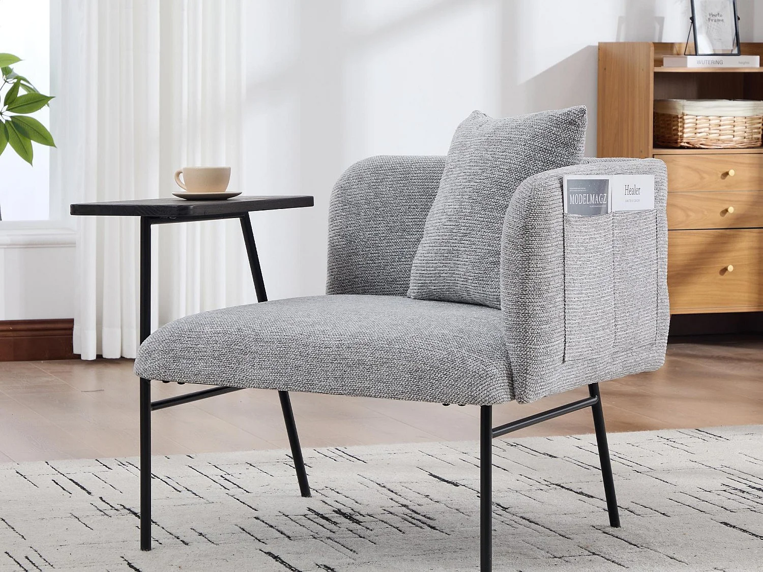 Fauteuil relax 2en1 bureau & détente – table incluse, rangements, tissu Chenille respirant – Gris clair