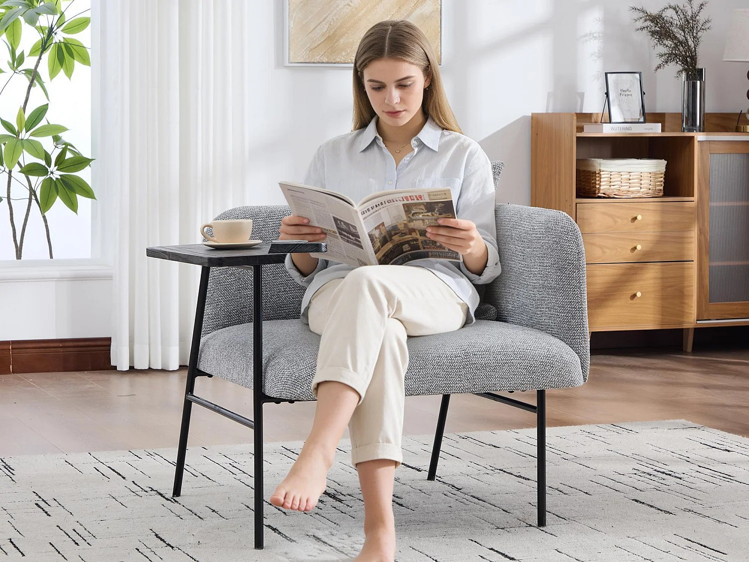 Fauteuil relax 2en1 bureau & détente – table incluse, rangements, tissu Chenille respirant – Gris clair