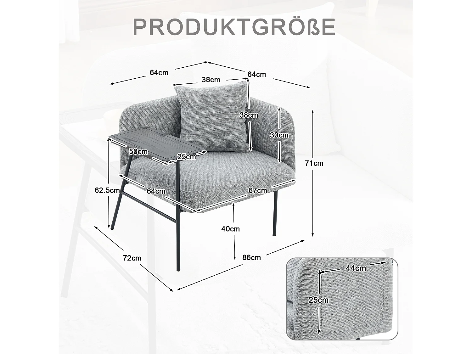 Fauteuil relax 2en1 bureau & détente – table incluse, rangements, tissu Chenille respirant – Gris clair