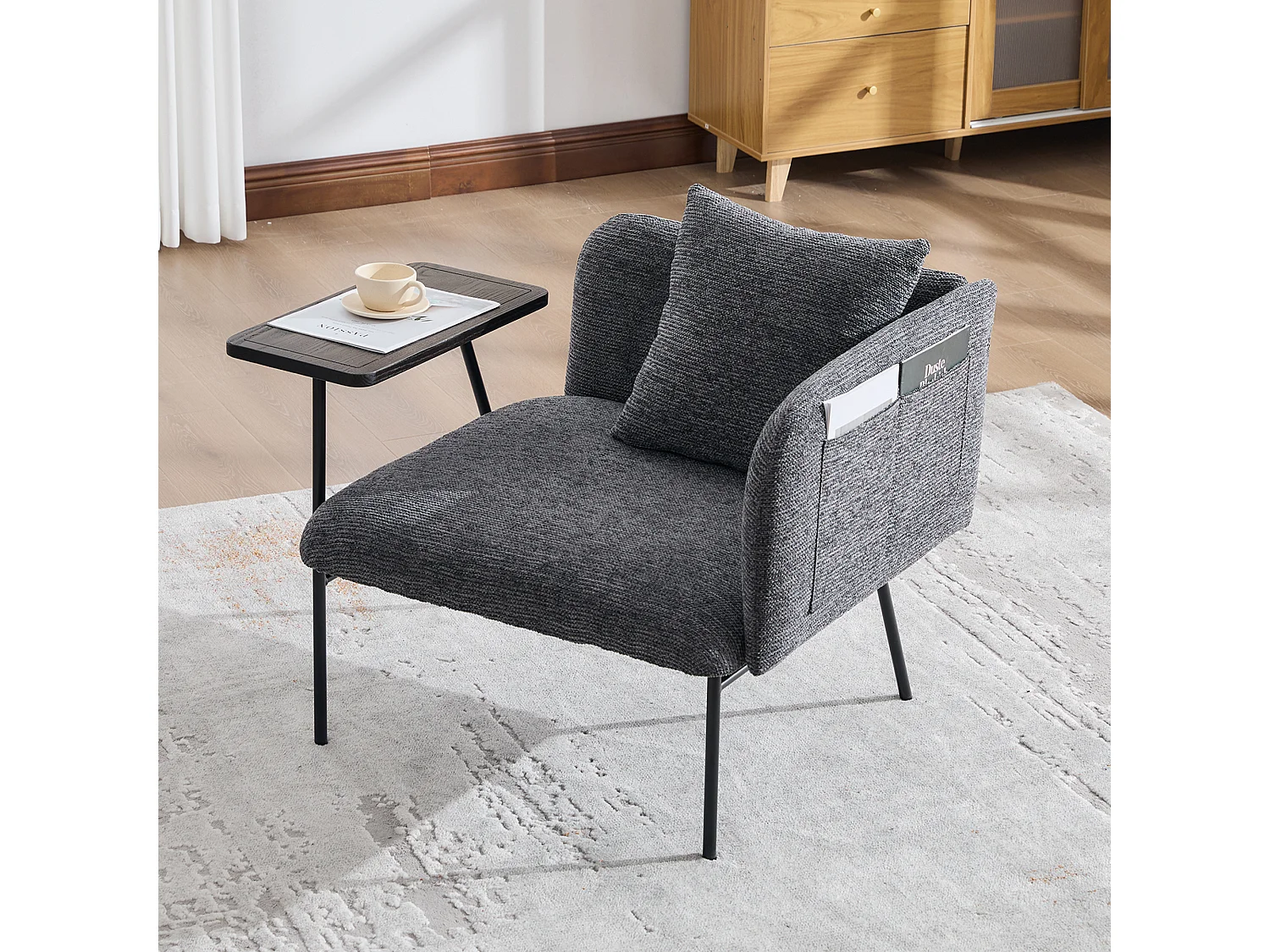 Fauteuil relax 2en1 bureau & détente – table incluse, rangements, tissu Chenille respirant – Gris clair