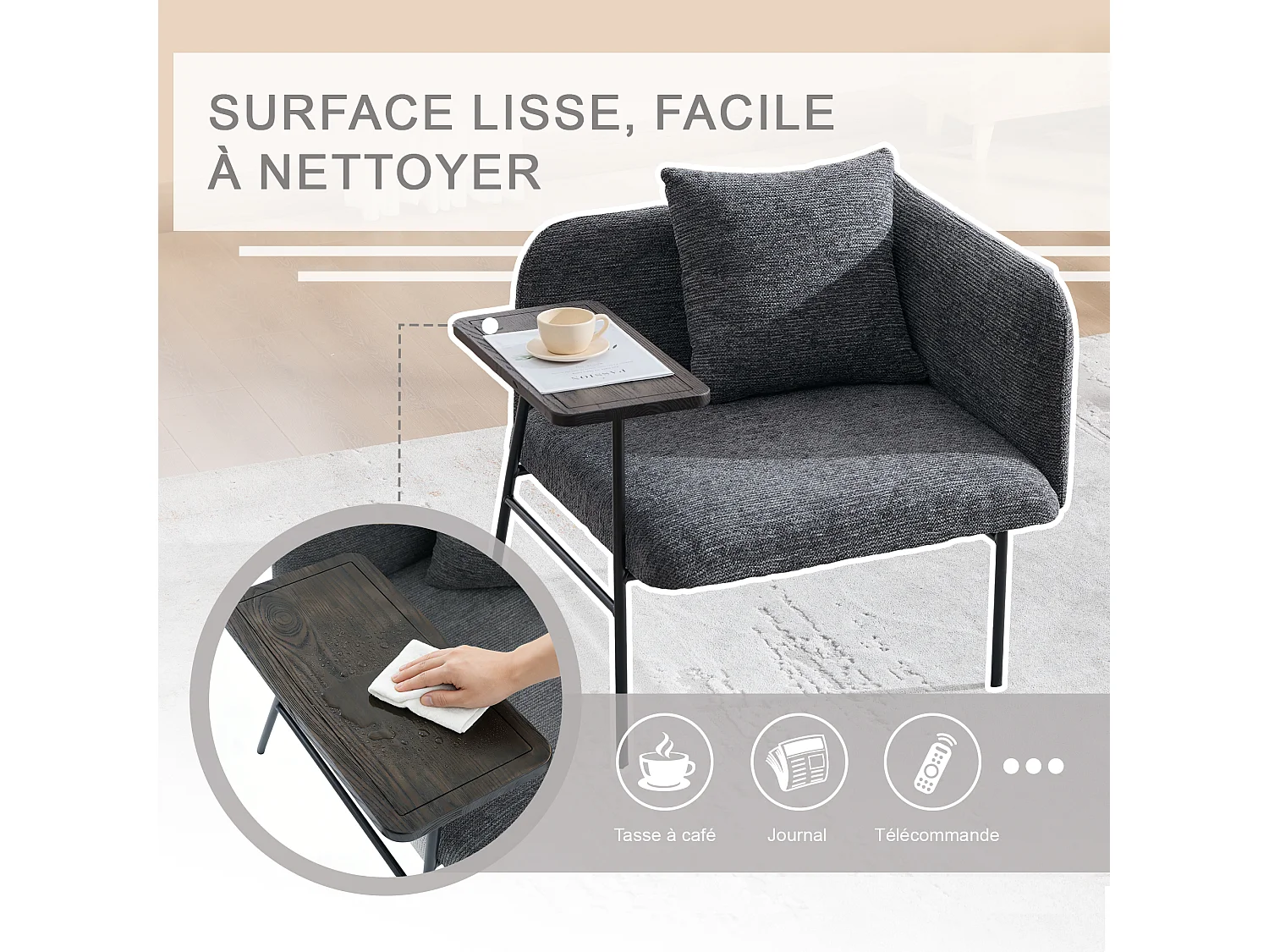 Fauteuil relax 2en1 bureau & détente – table incluse, rangements, tissu Chenille respirant – Gris clair