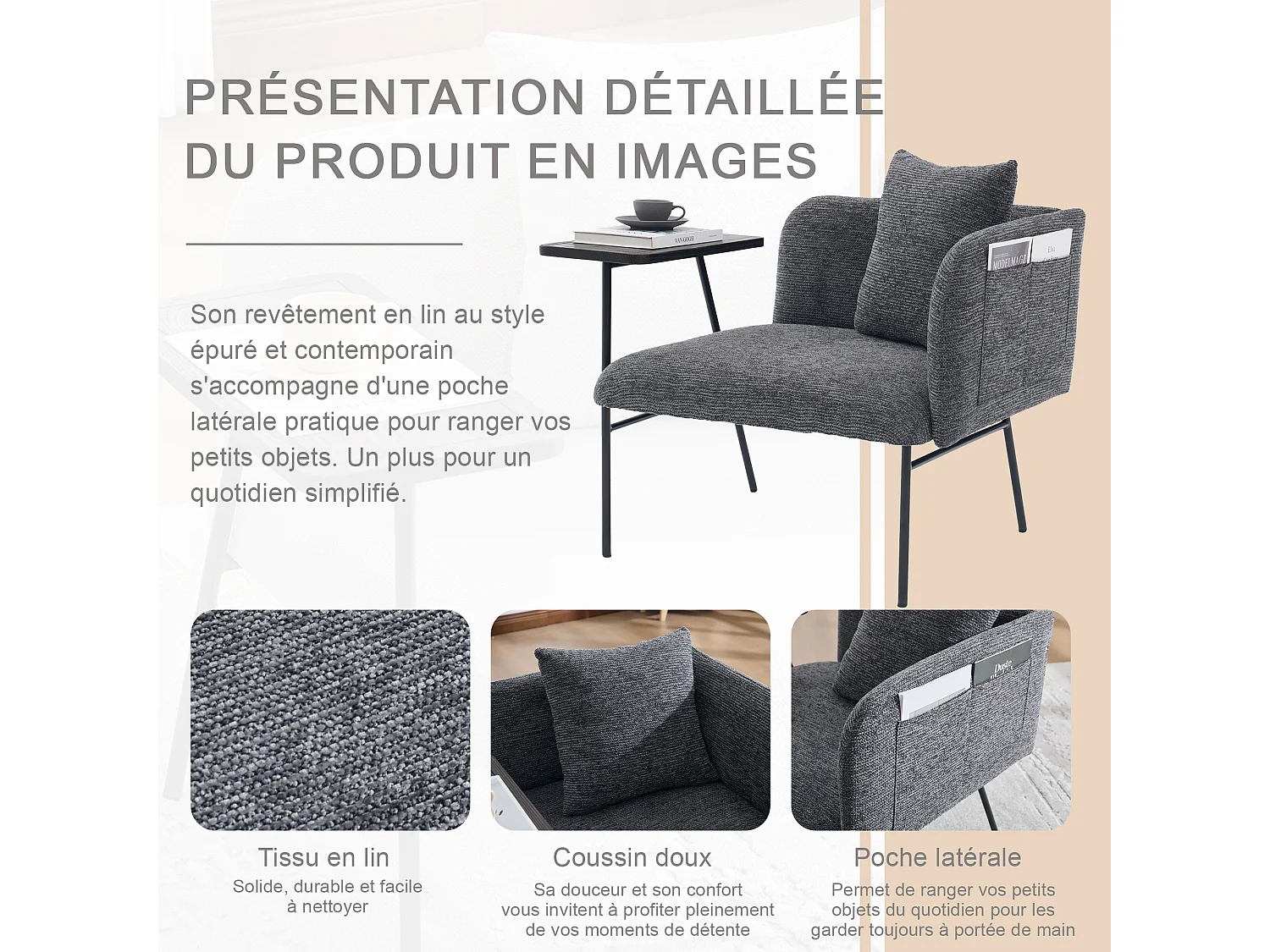 Fauteuil relax 2en1 bureau & détente – table incluse, rangements, tissu Chenille respirant – Gris clair