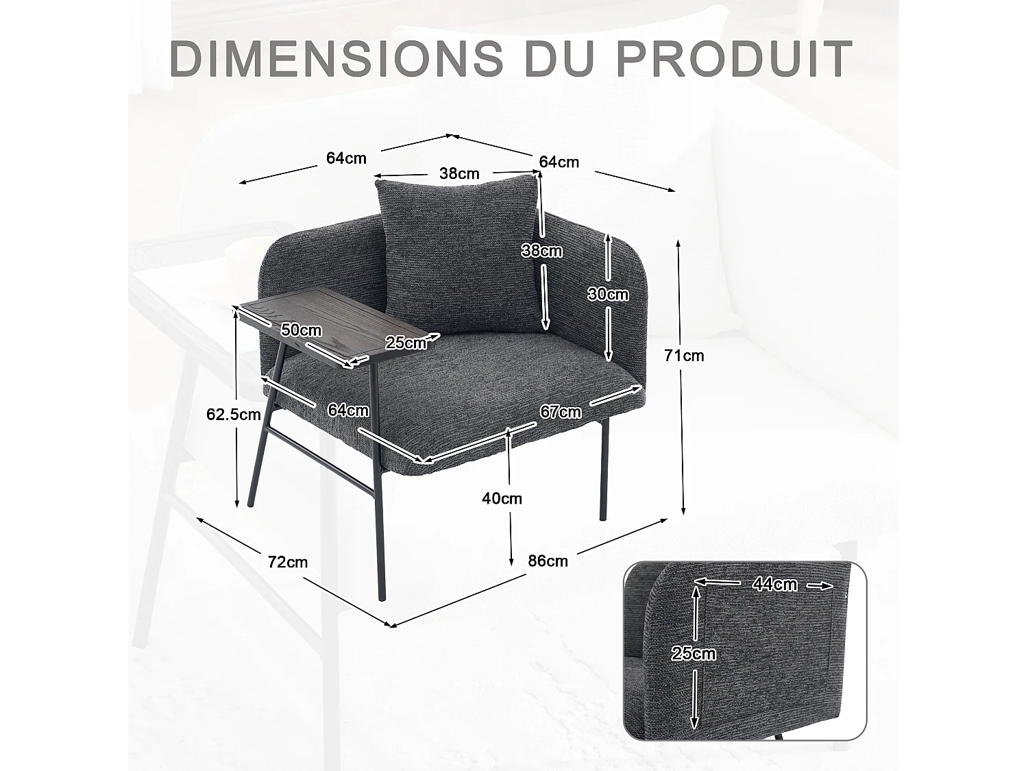 Fauteuil relax 2en1 bureau & détente – table incluse, rangements, tissu Chenille respirant – Gris clair