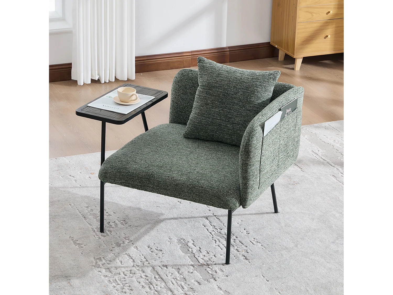 Fauteuil relax 2en1 bureau & détente – table incluse, rangements, tissu Chenille respirant – Vert